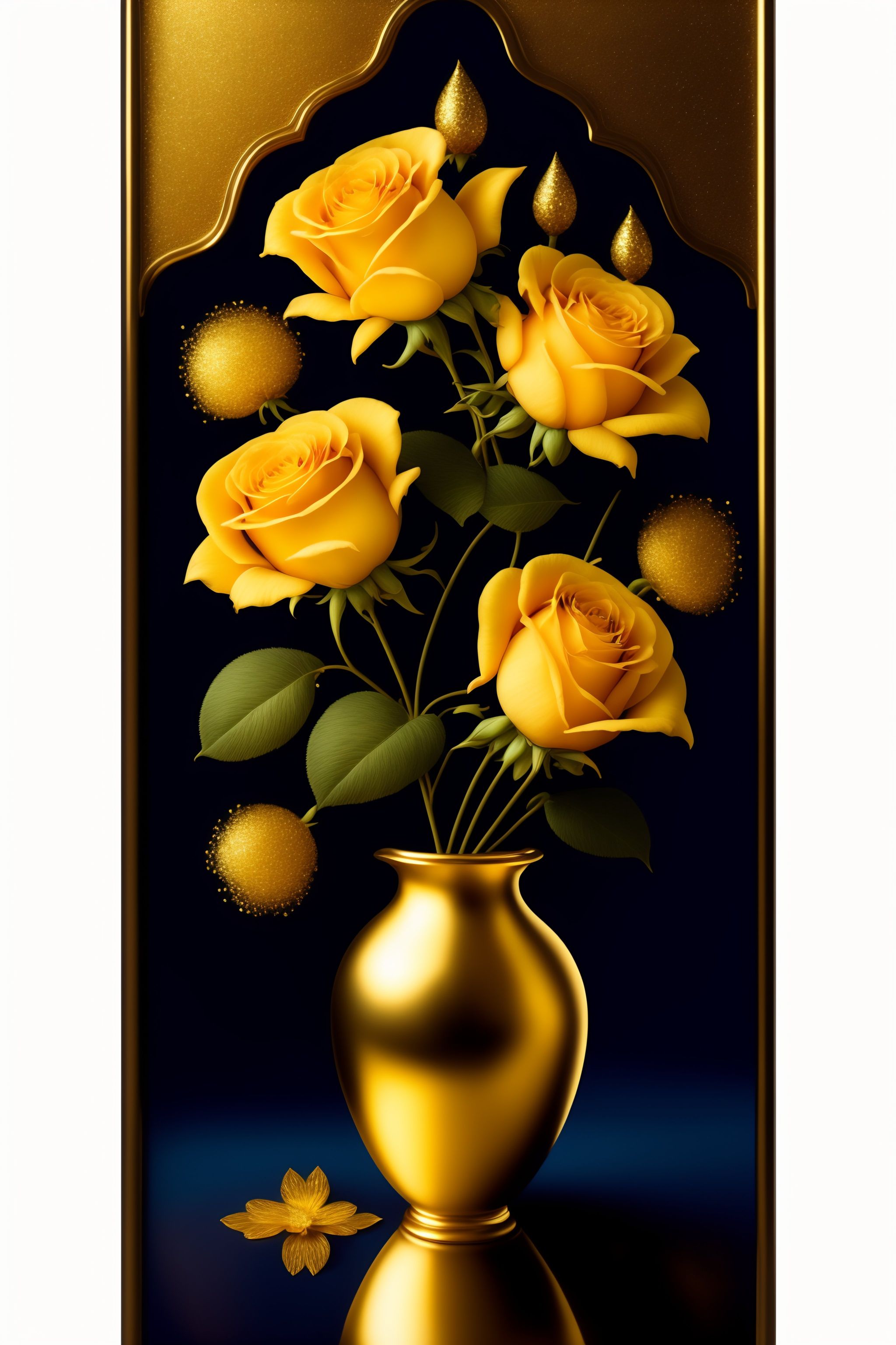 Lexica - Golden flowers and blue roses in a Golden vase with a black