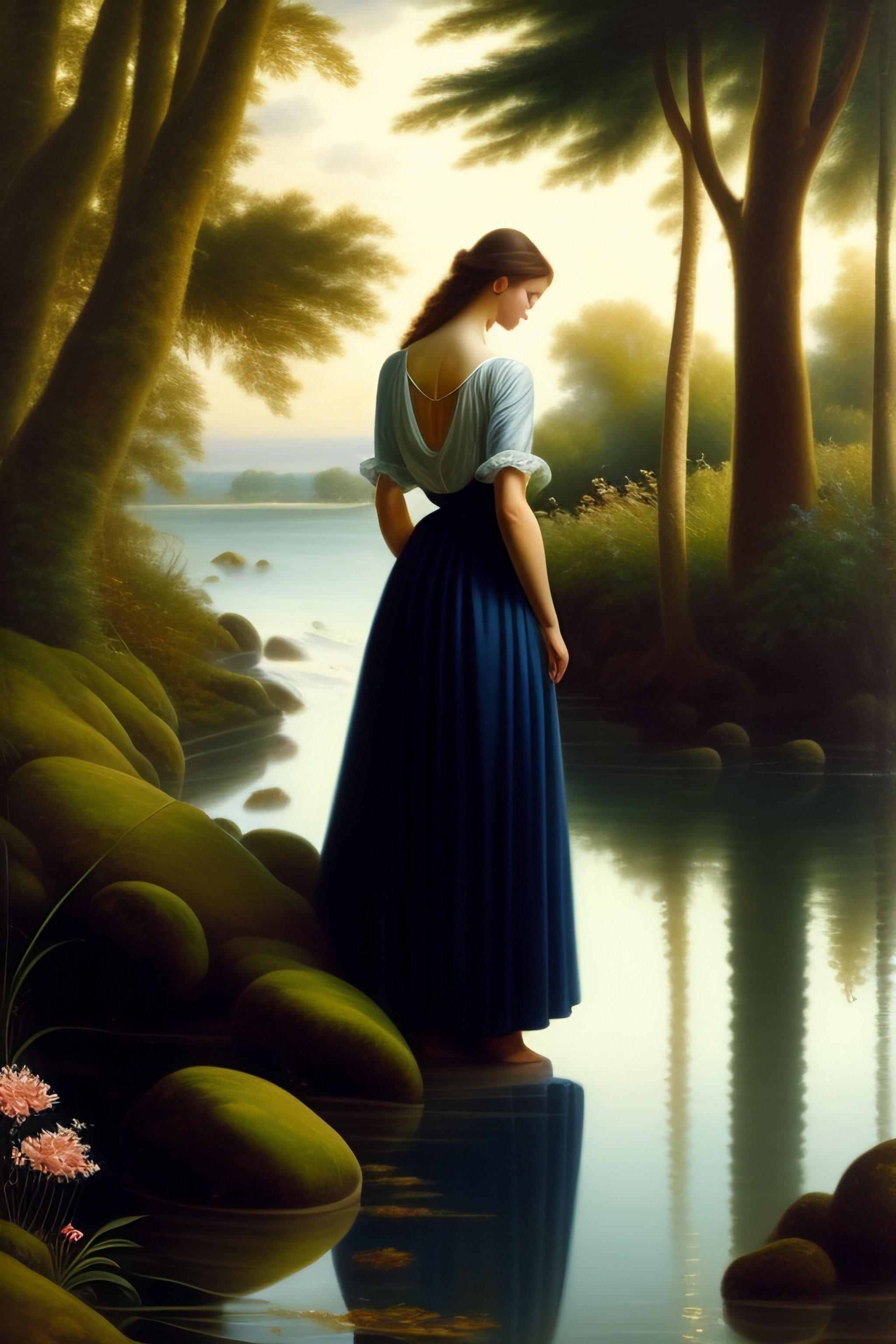 Lexica - A young woman facing the objective, with her feet in the water ...