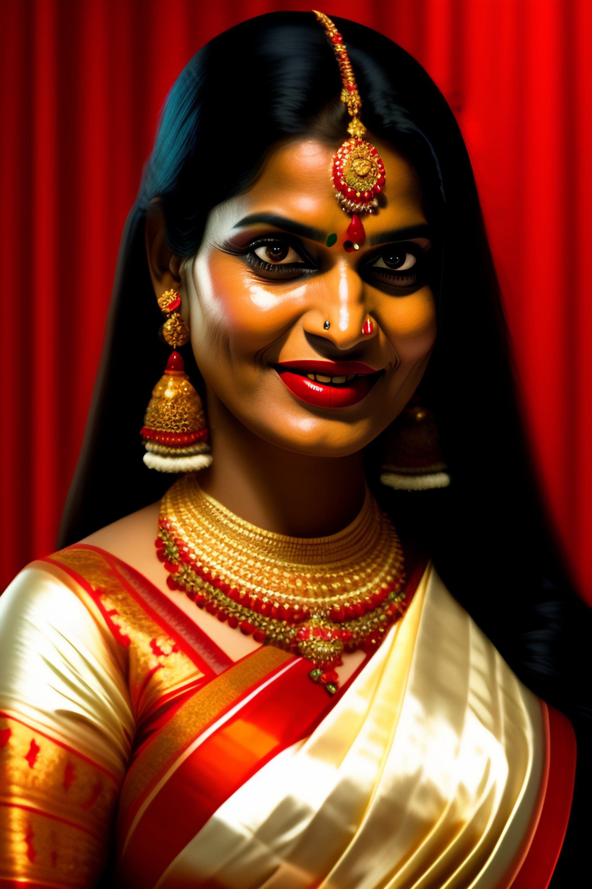 Lexica A traditional Bengali woman, evil eyes, mouth open showing