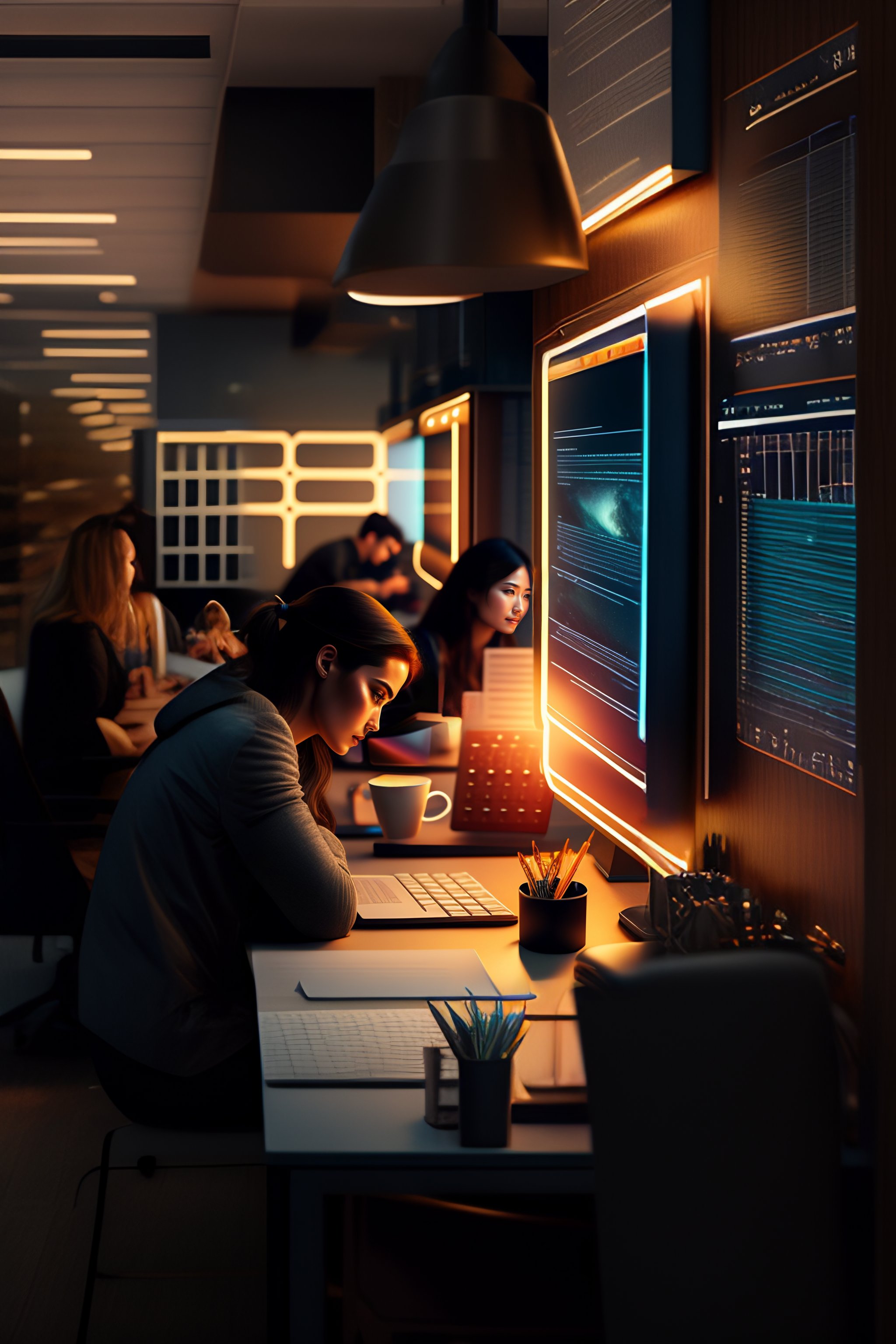 Lexica - People working on office, desks, futuristi neon panel ...