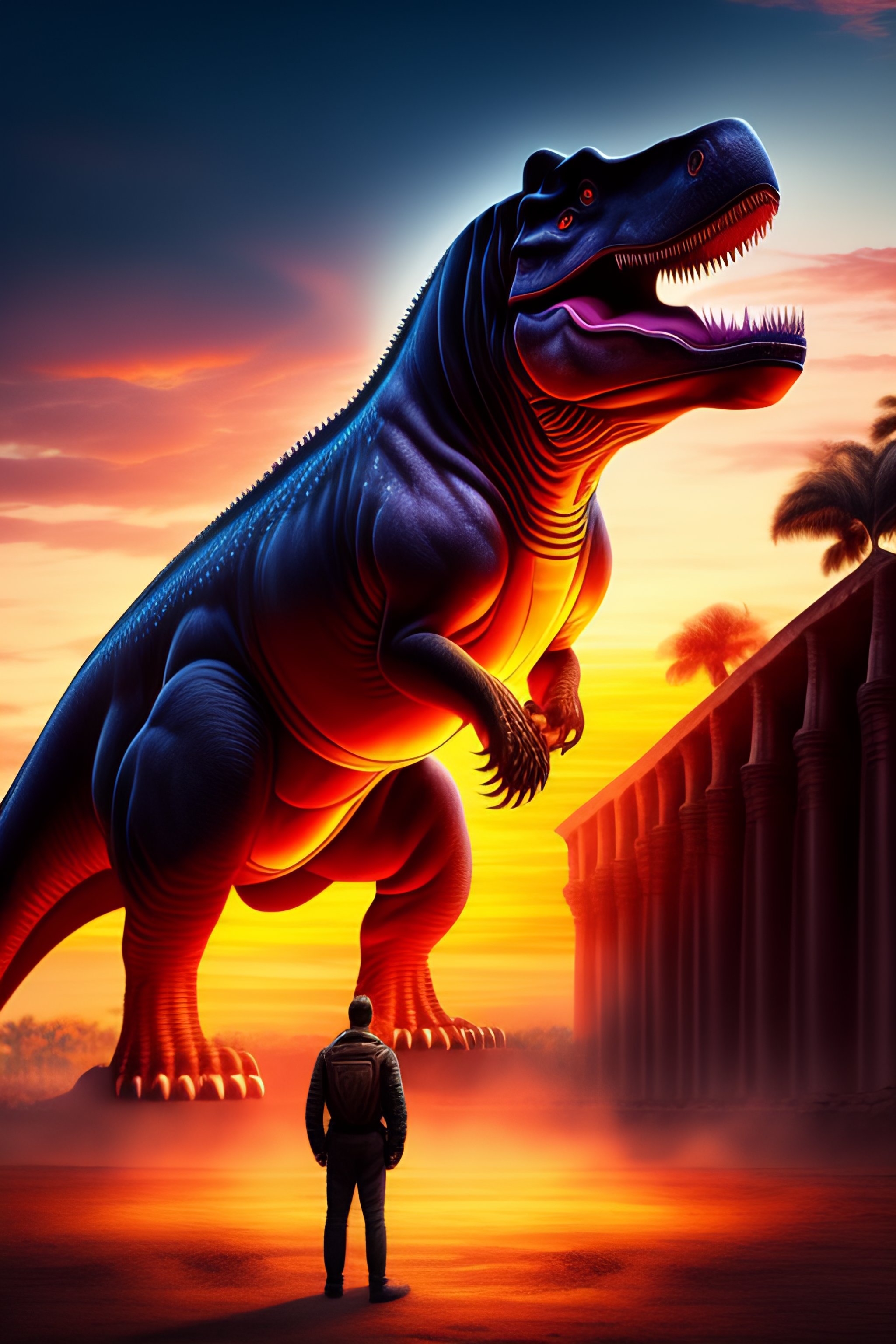 Lexica - A large tyrannosaurus rex looking human standing inferno of a ...