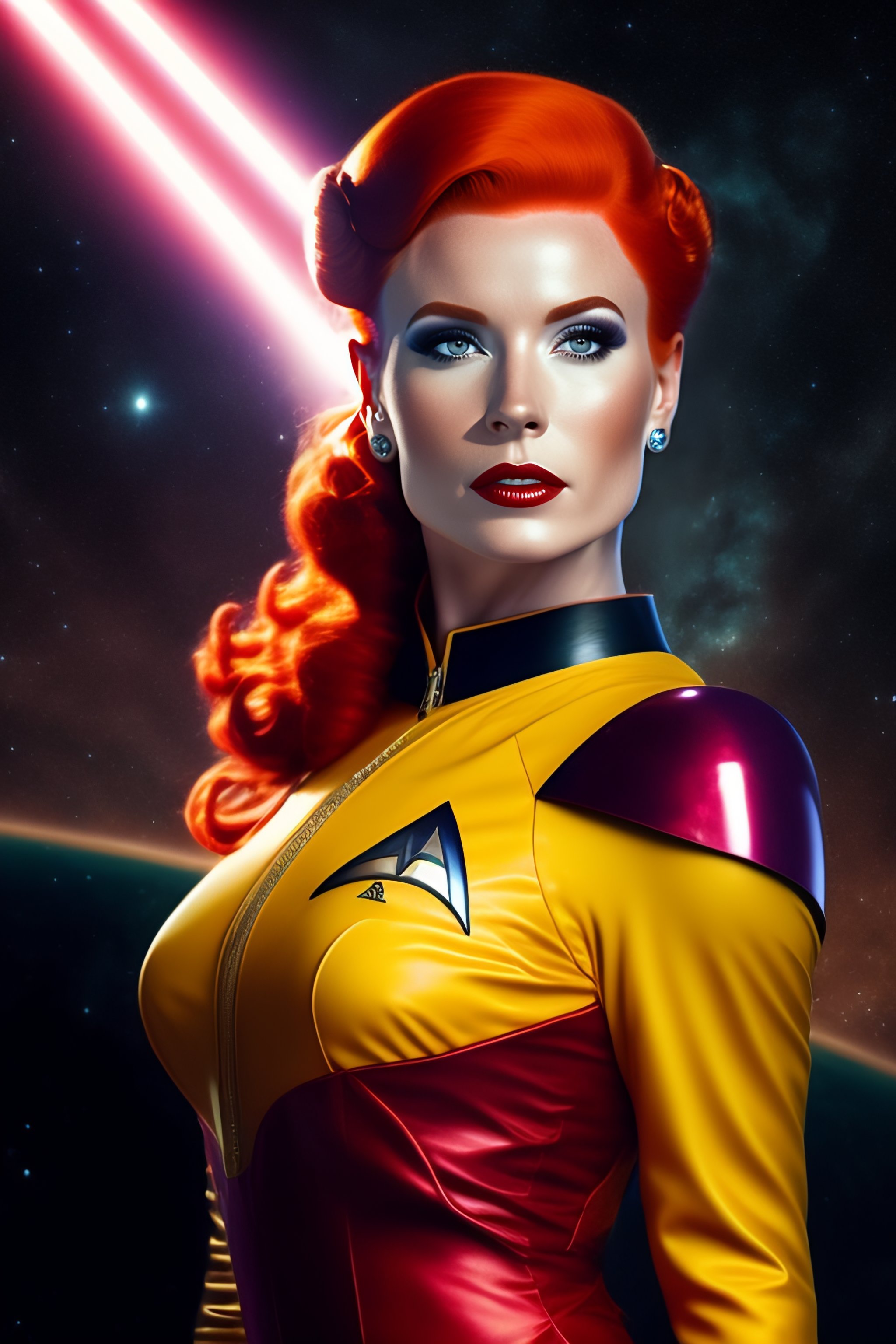 Lexica - A 30 year old redhead with freckles as a spacegirl, startrek, in a  dark formal dress. She has implants (borg) on her arm. She is standing,...