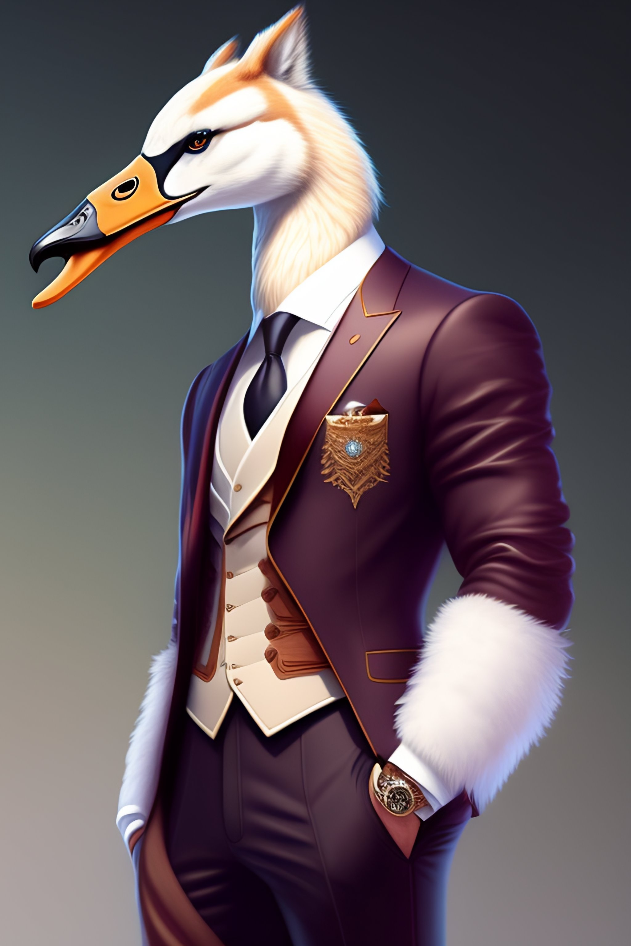 Lexica - Anthro furry humanoid swan, three piece suit, checking watch ...