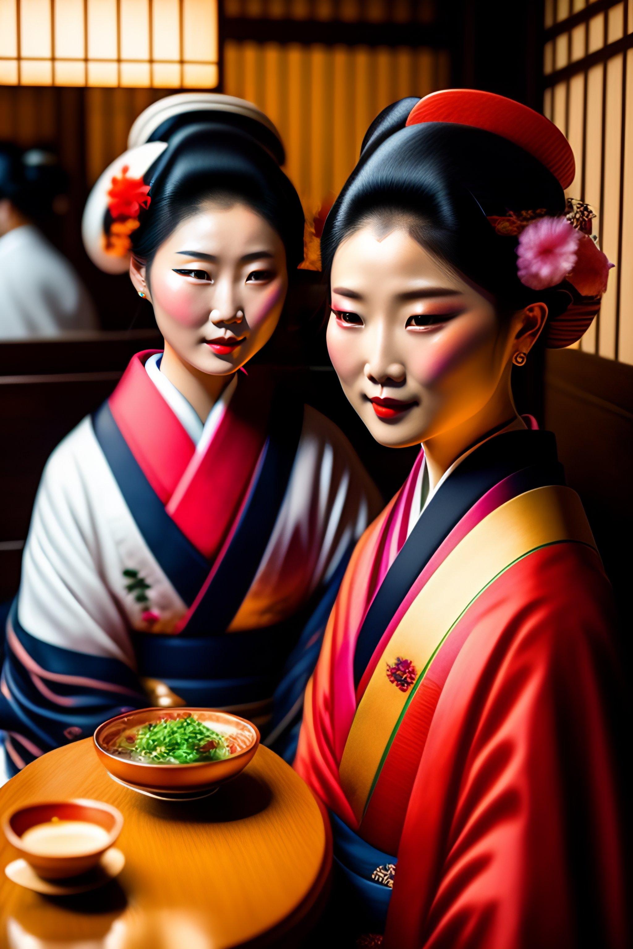 Lexica - Two beautiful elegant young geishas eating at a cozy kyoto ...