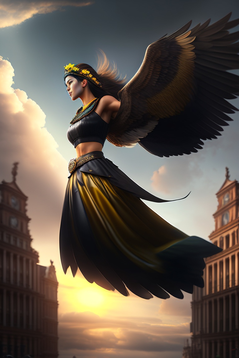 Lexica - Girl flying over the city next to an eagle with black long ...