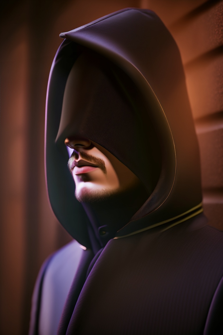 Lexica - A man in a black suit and hooded face in shadow, close-up view