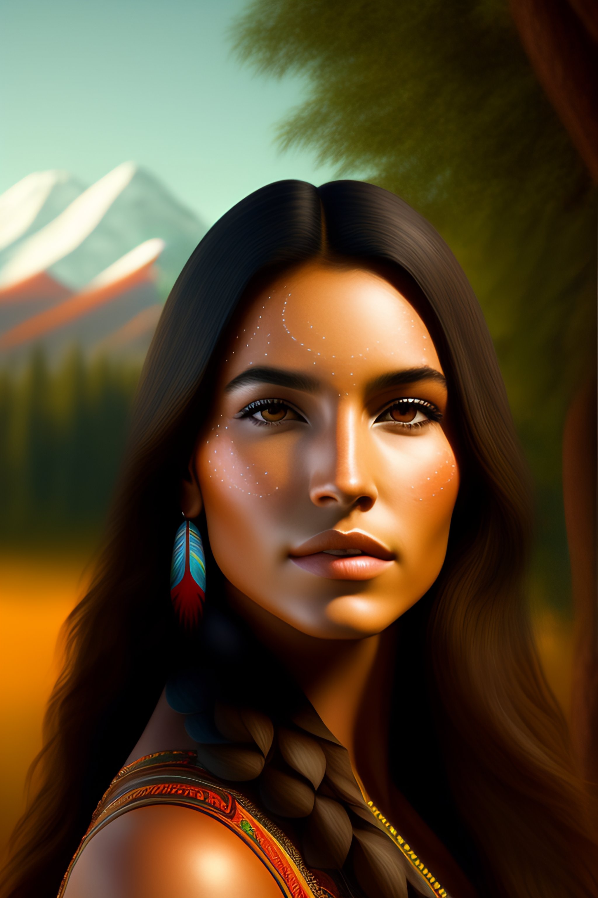 Lexica Native American Young Woman Portrait In 3d Digital Art With Trees In The Background 4490