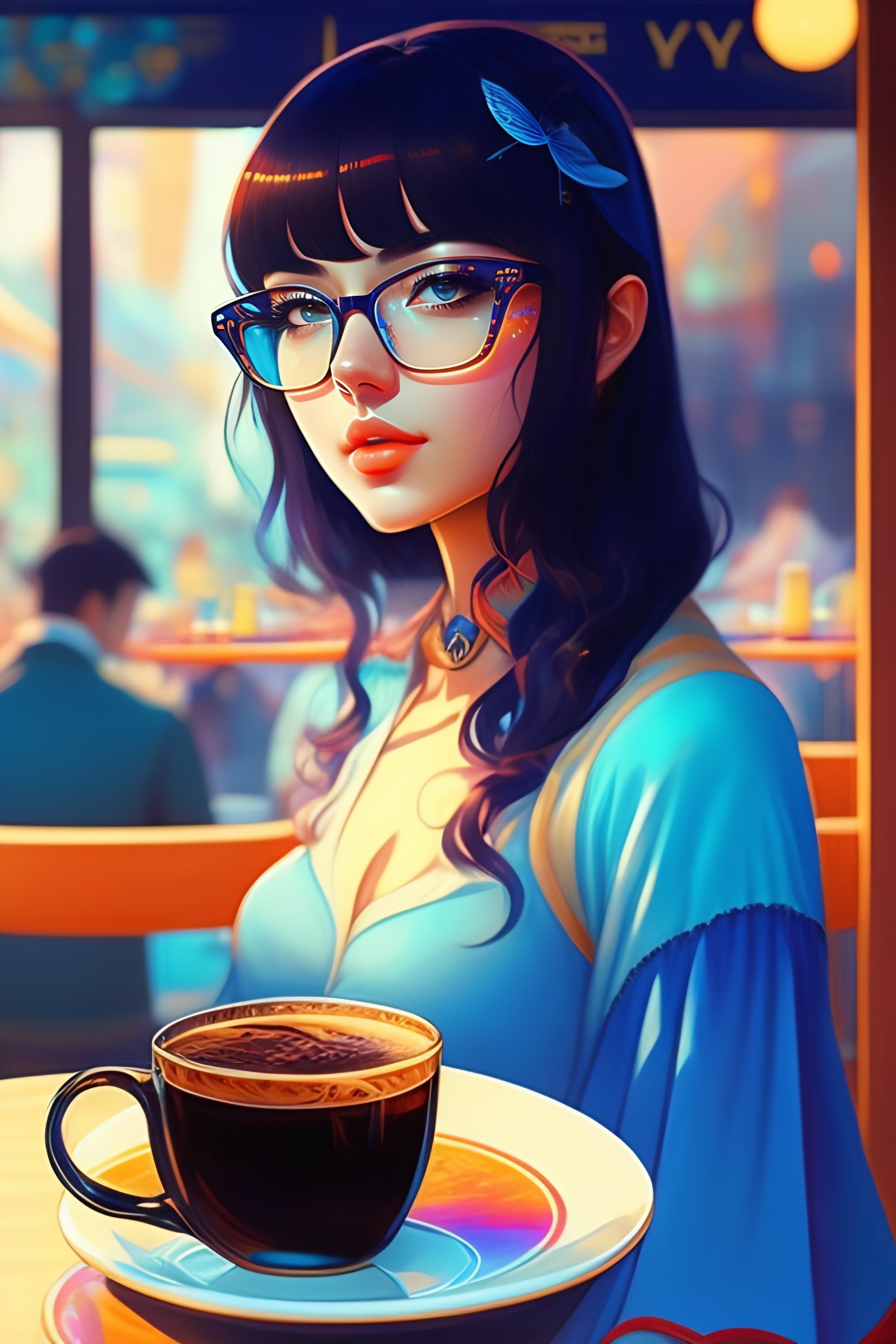 Lexica - Cute girl in blue dress black hair black wayfarer glasses ...