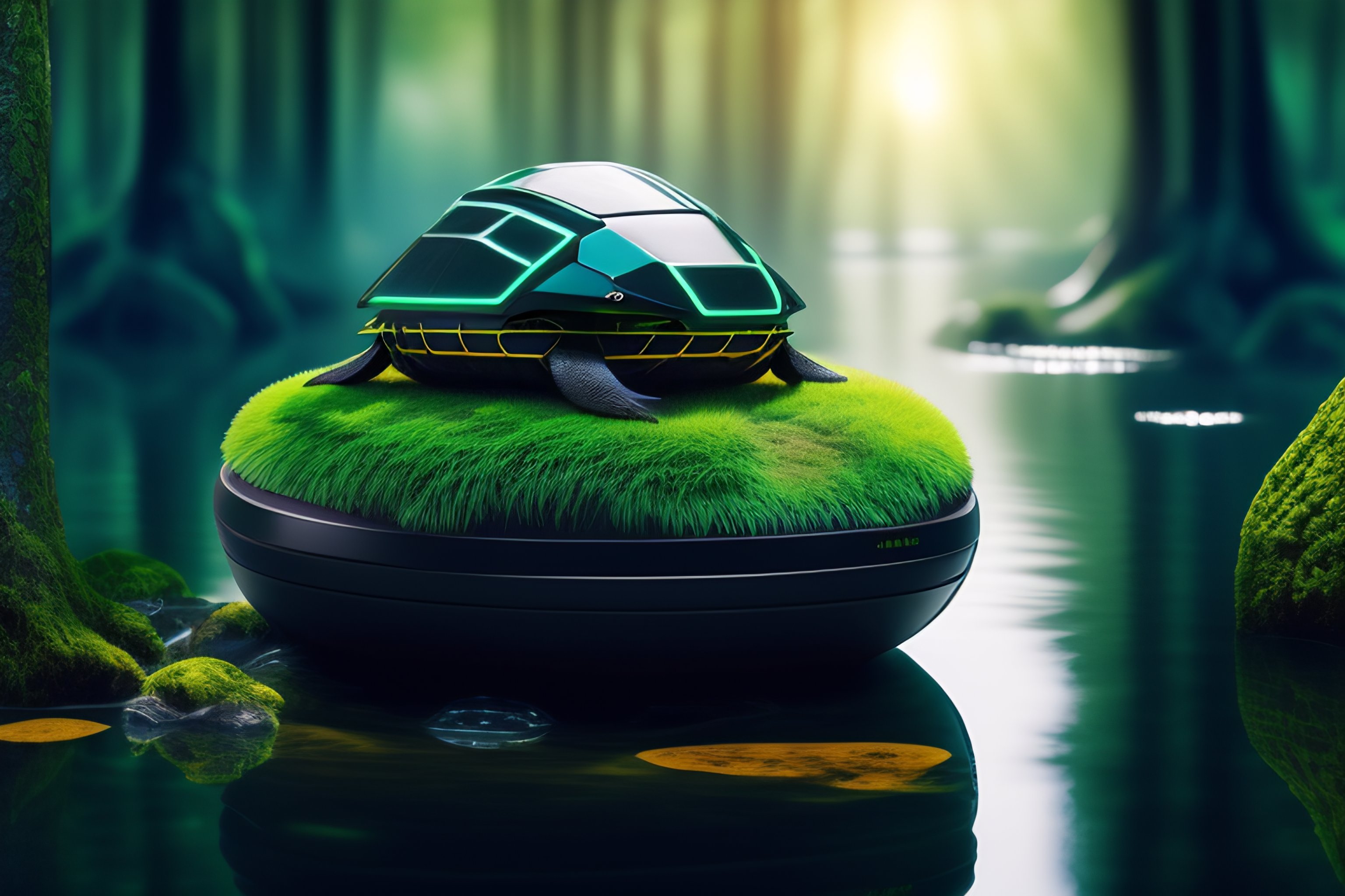 Lexica - Cyberturtle sitting on a cryptorock in a swamp