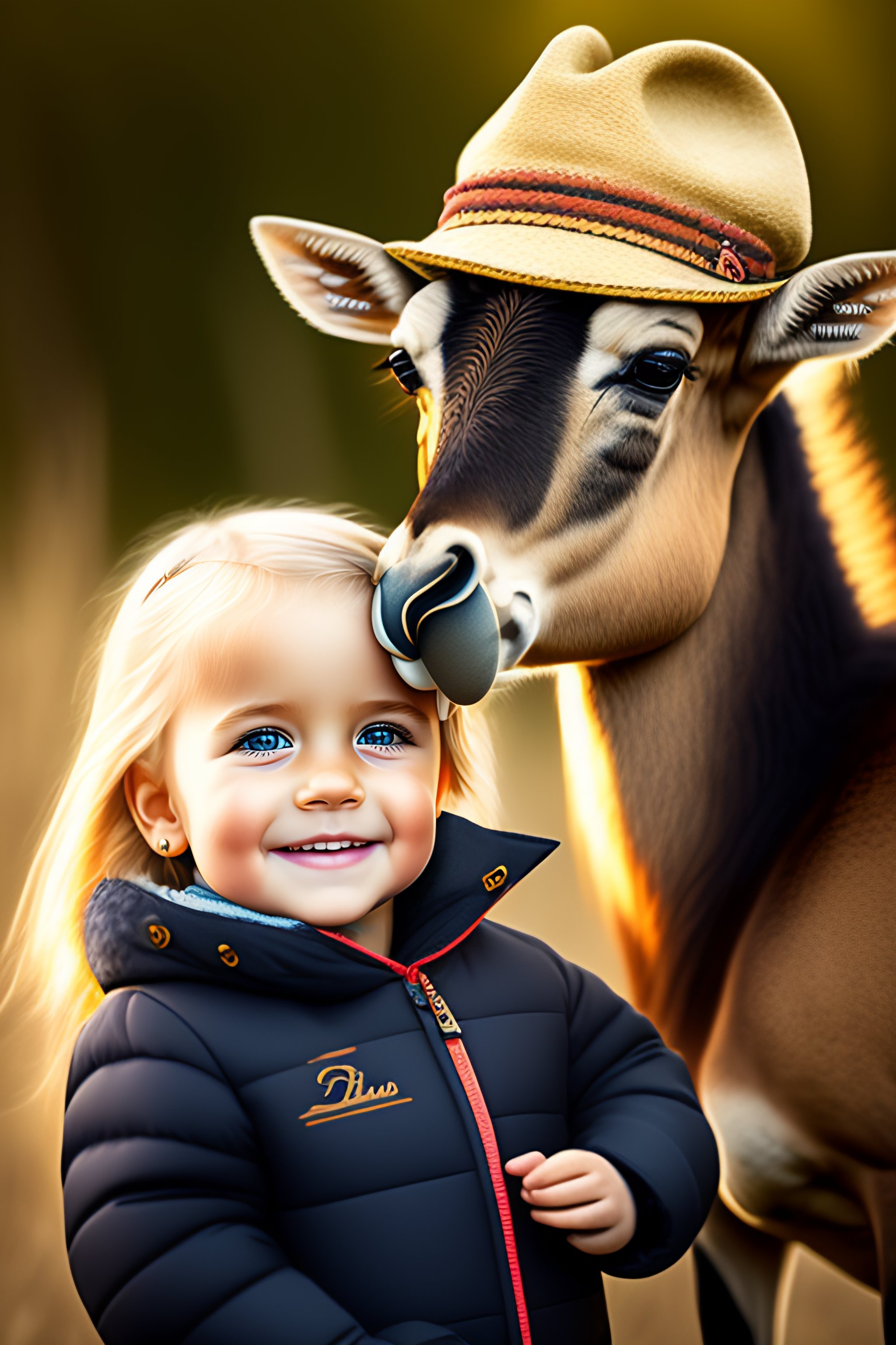 lexica-a-3-year-old-blonde-girl-with-a-hat-petting-a-cute-ibex