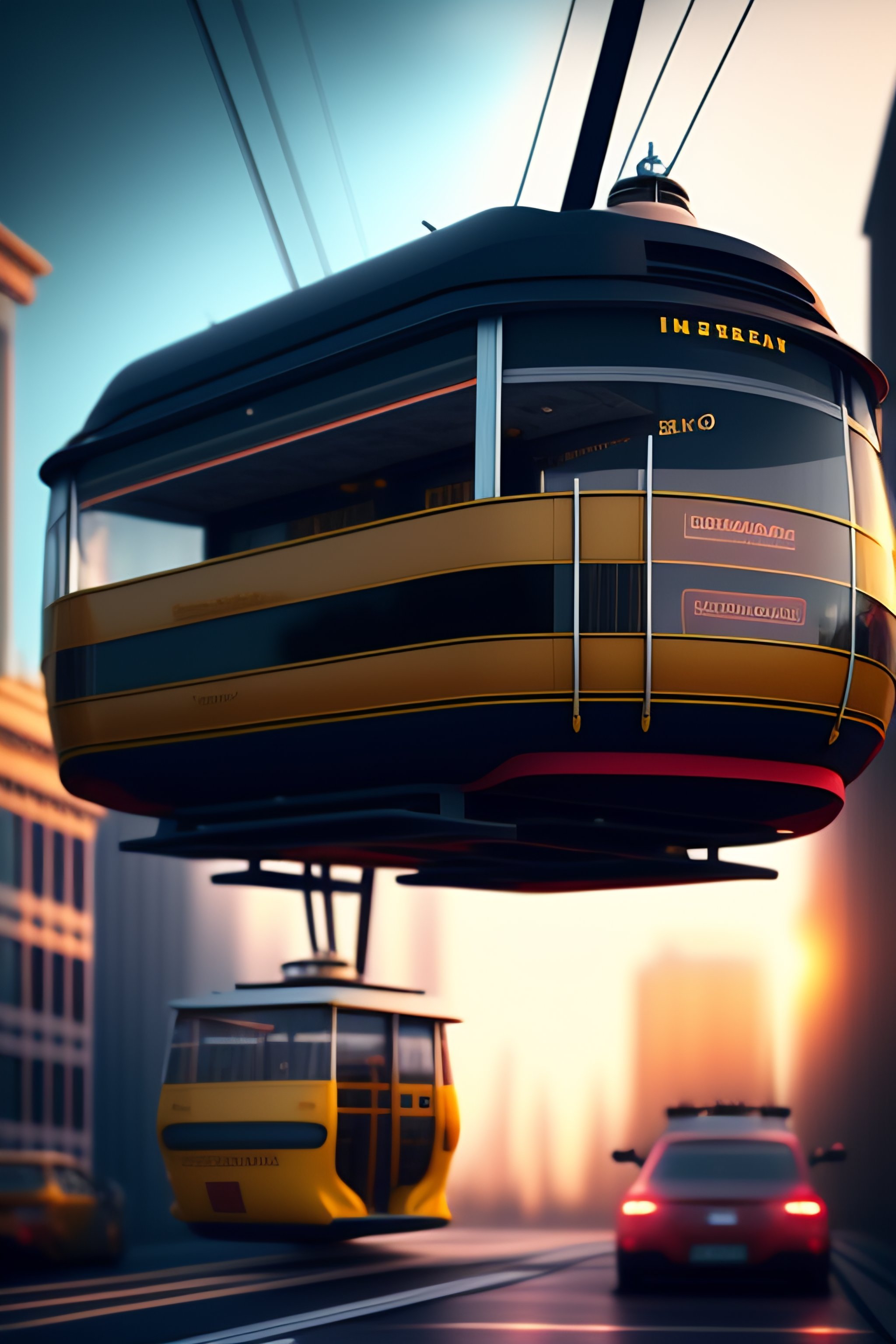 Lexica Modern cable car hanging above a bus in a city, 4K, octane render