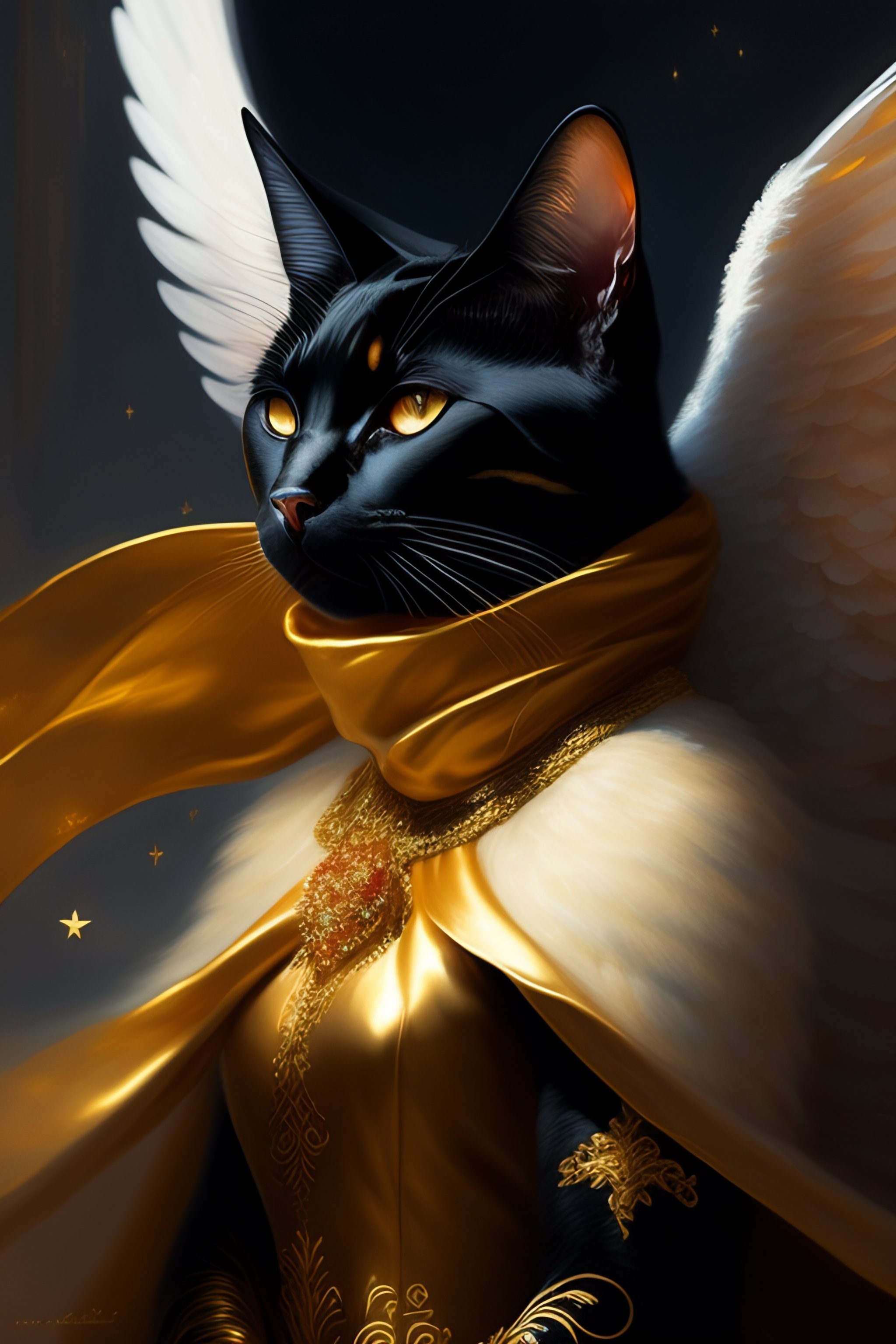 lexica-a-black-cat-as-an-angel-with-a-gold-scarf-windy-cape