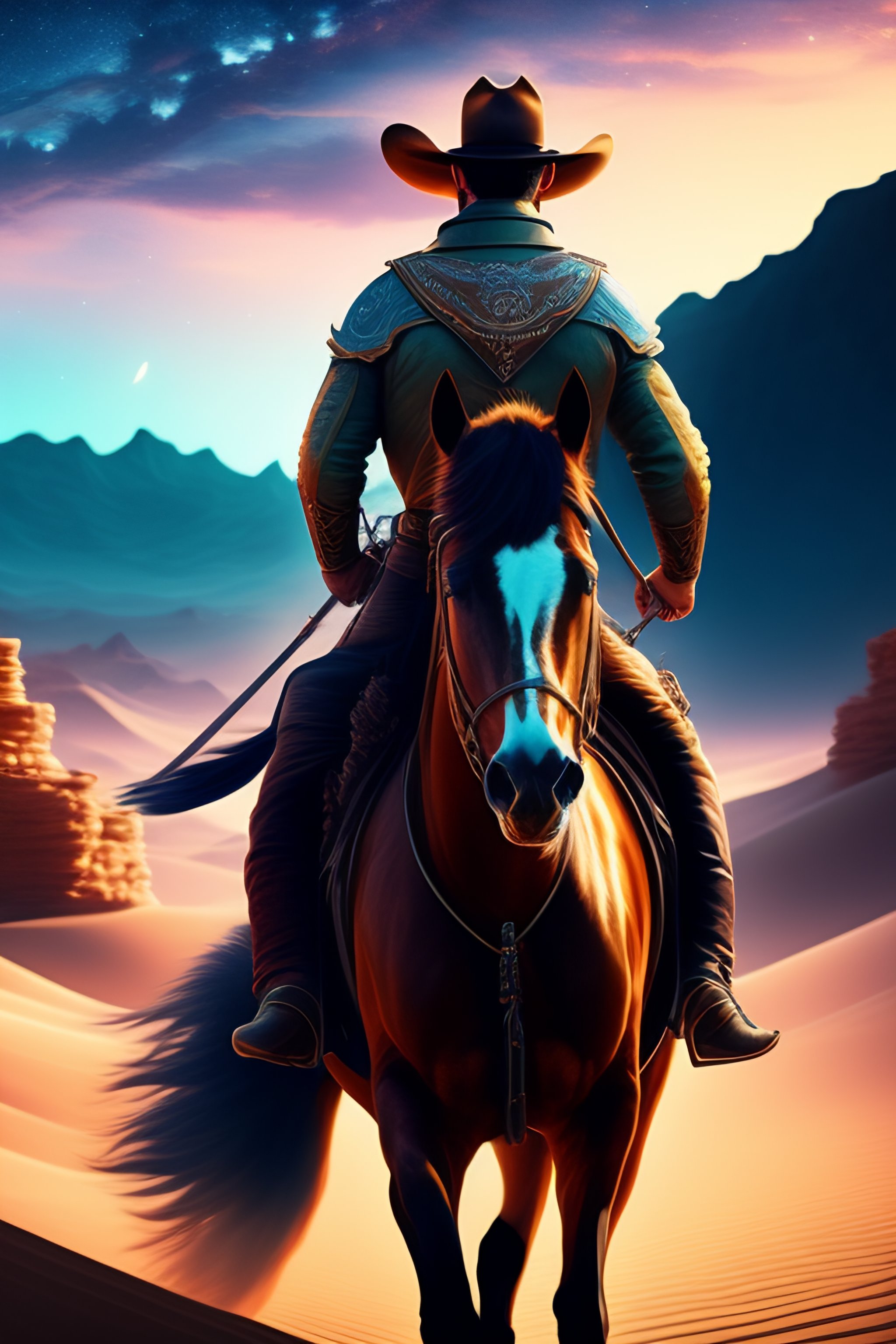 Lexica - Handsome rugged cowboy riding a horse through the desert at ...