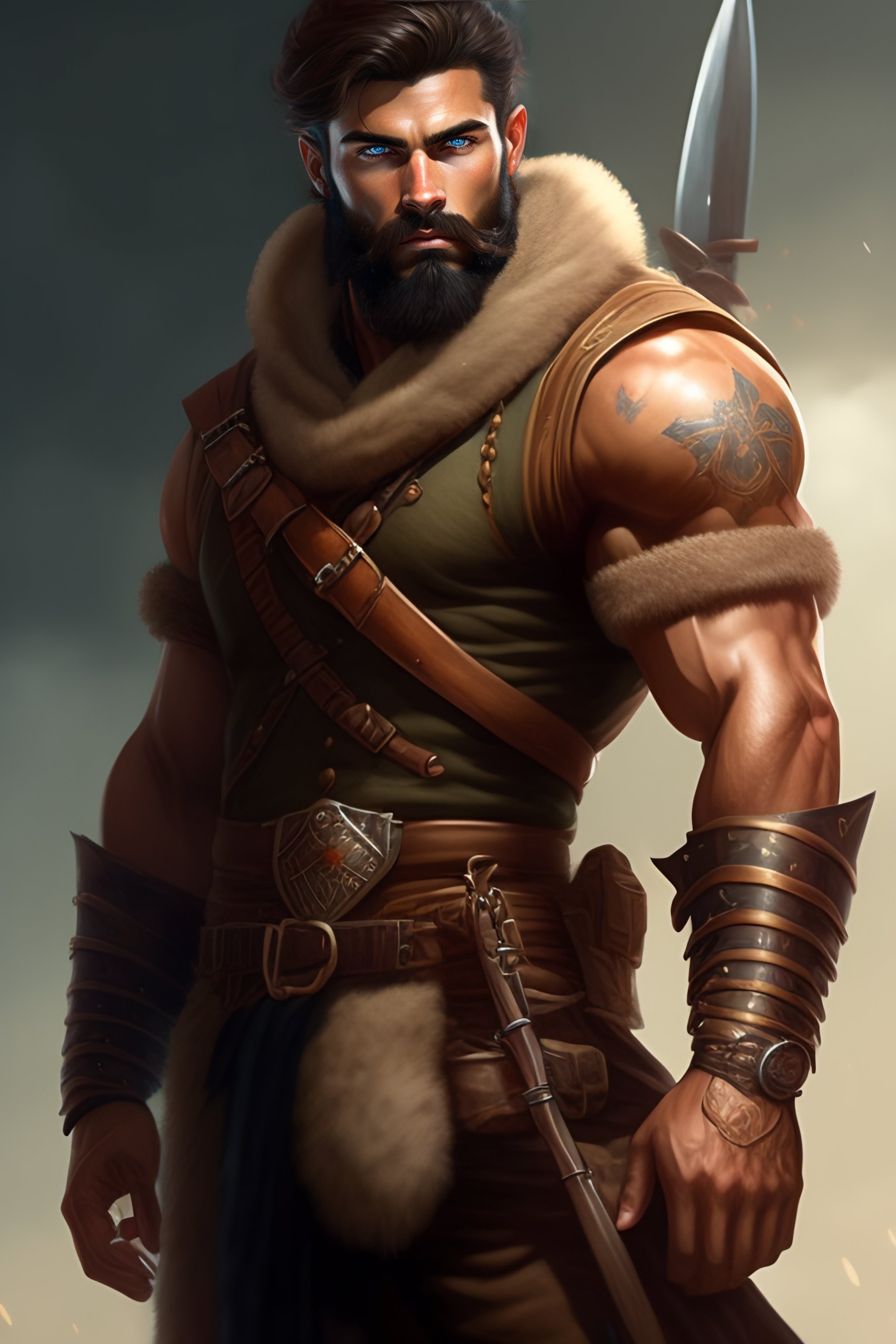 Lexica - Portrait of a rugged ranger, muscular, upper body, hairy torso ...