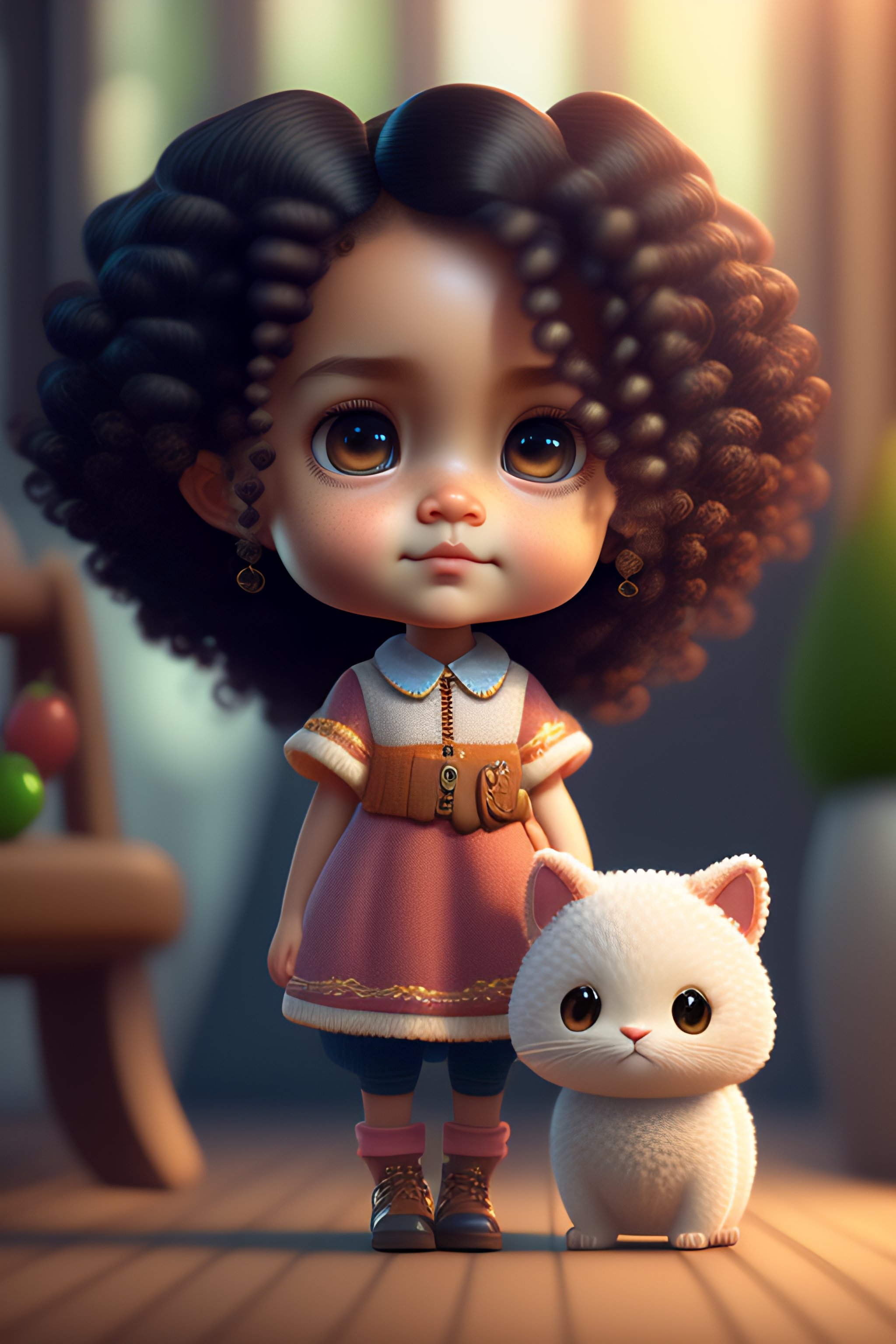 Lexica Very cute cartoon caracter little girl little doll in hand curly hair short girl unreal engine cozy indoor lighting artstation detailed