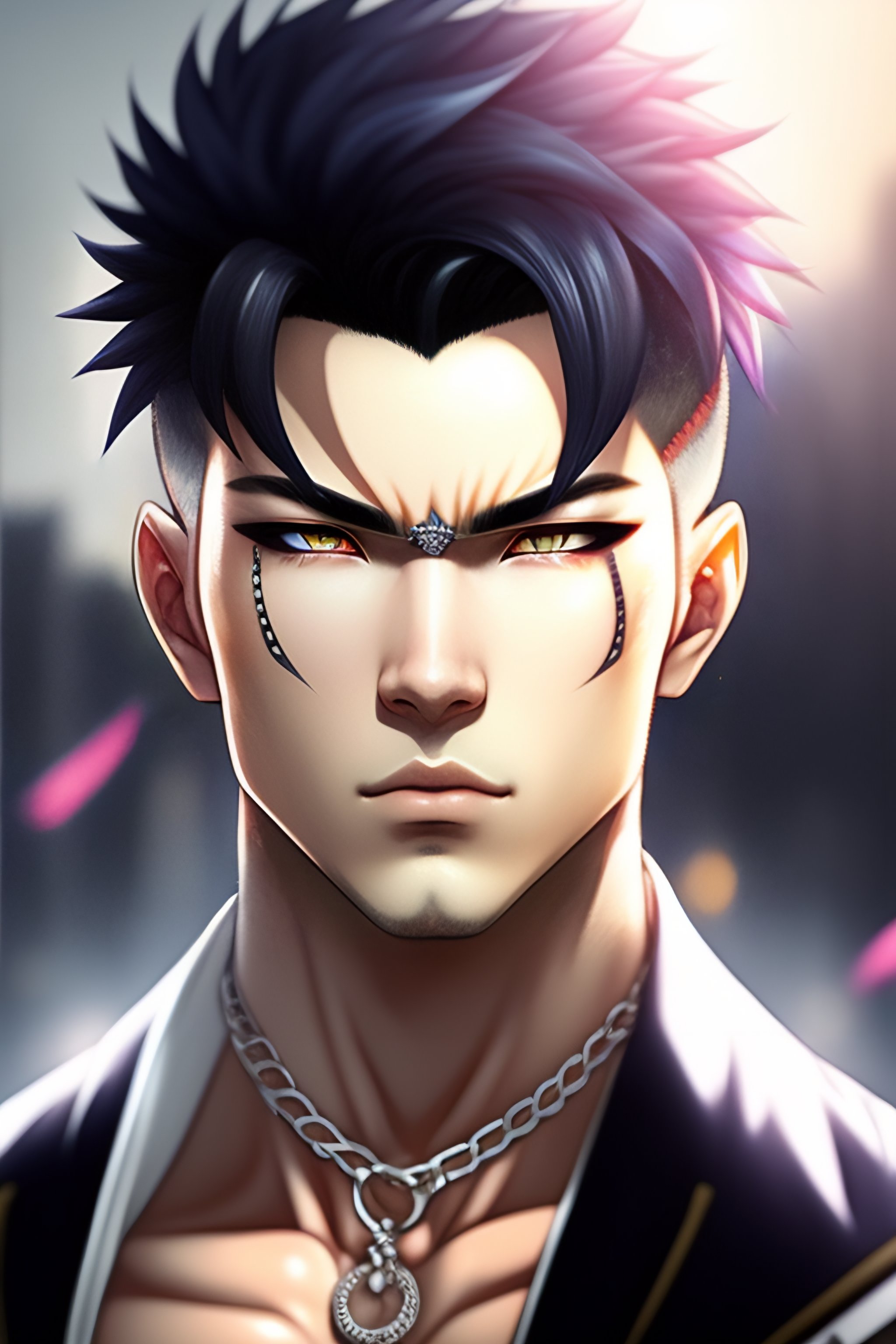 Lexica - Muscle , perfect , proportioned ,, Anime Young Guy, with black  hair, white skin, 8k, anime style, bold, lots of different piercings, a  litt