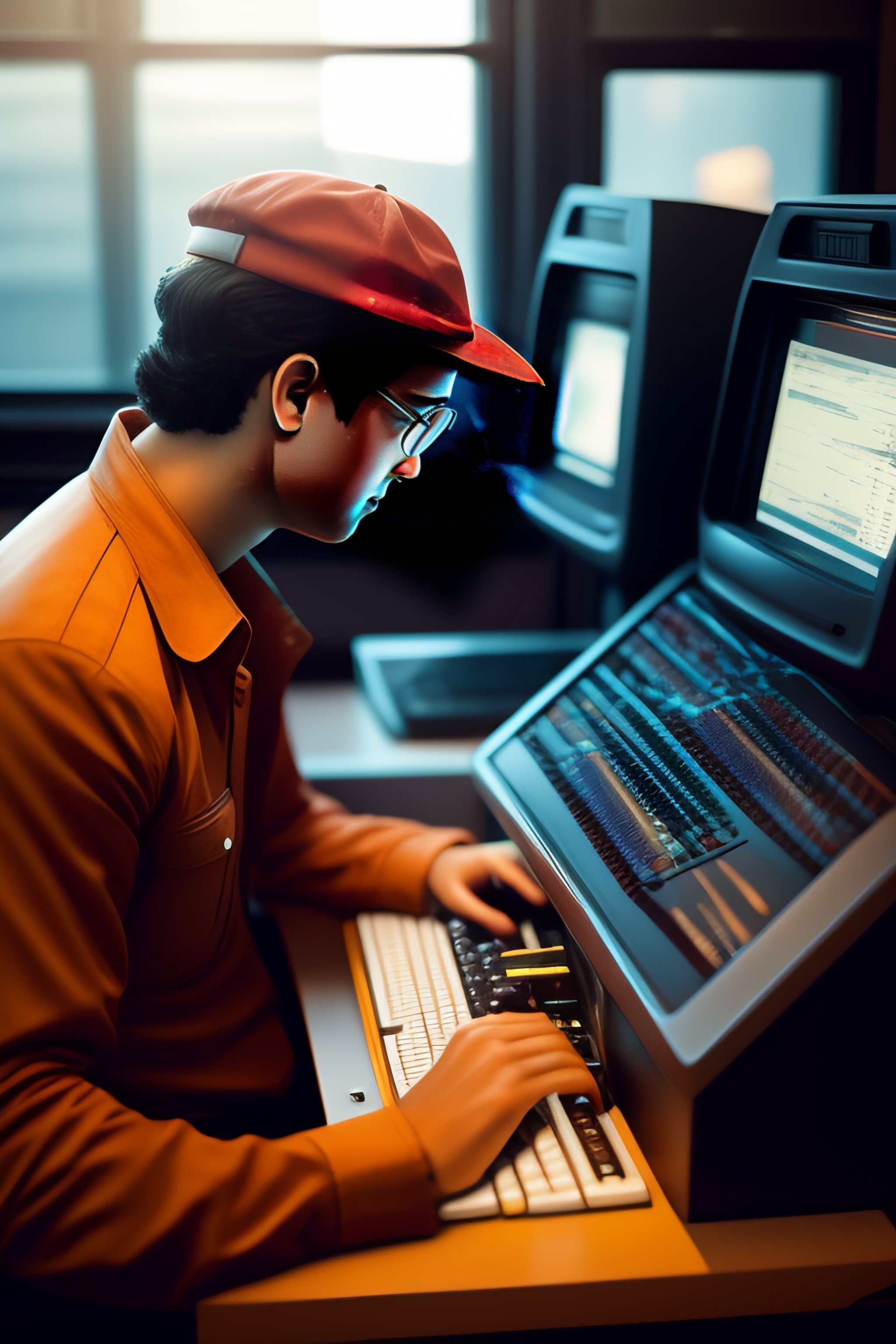 Lexica A guy in from of an old school apple 2 typing some code, anime