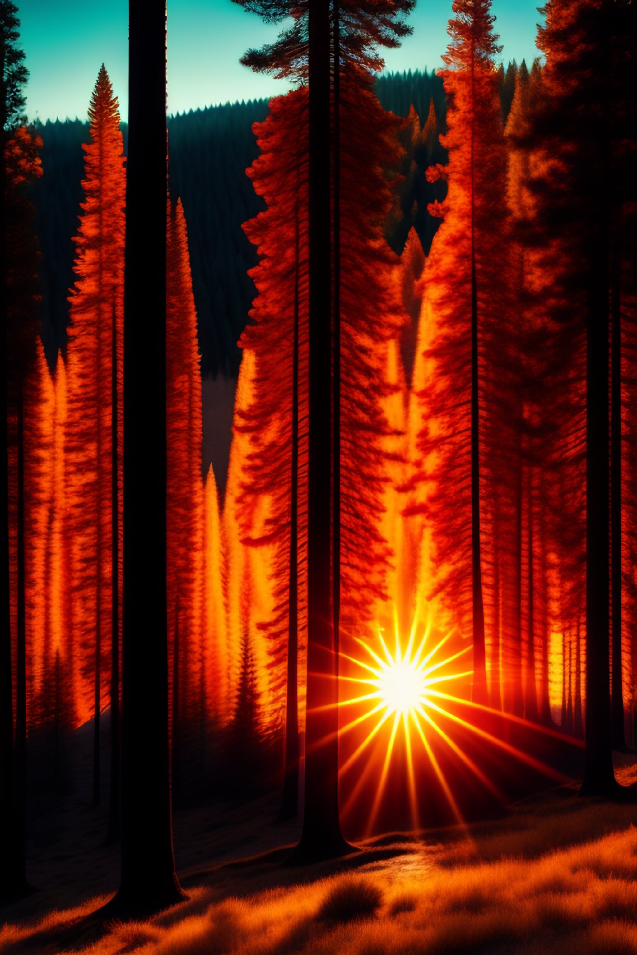 Lexica - Low sun, red rays, pines