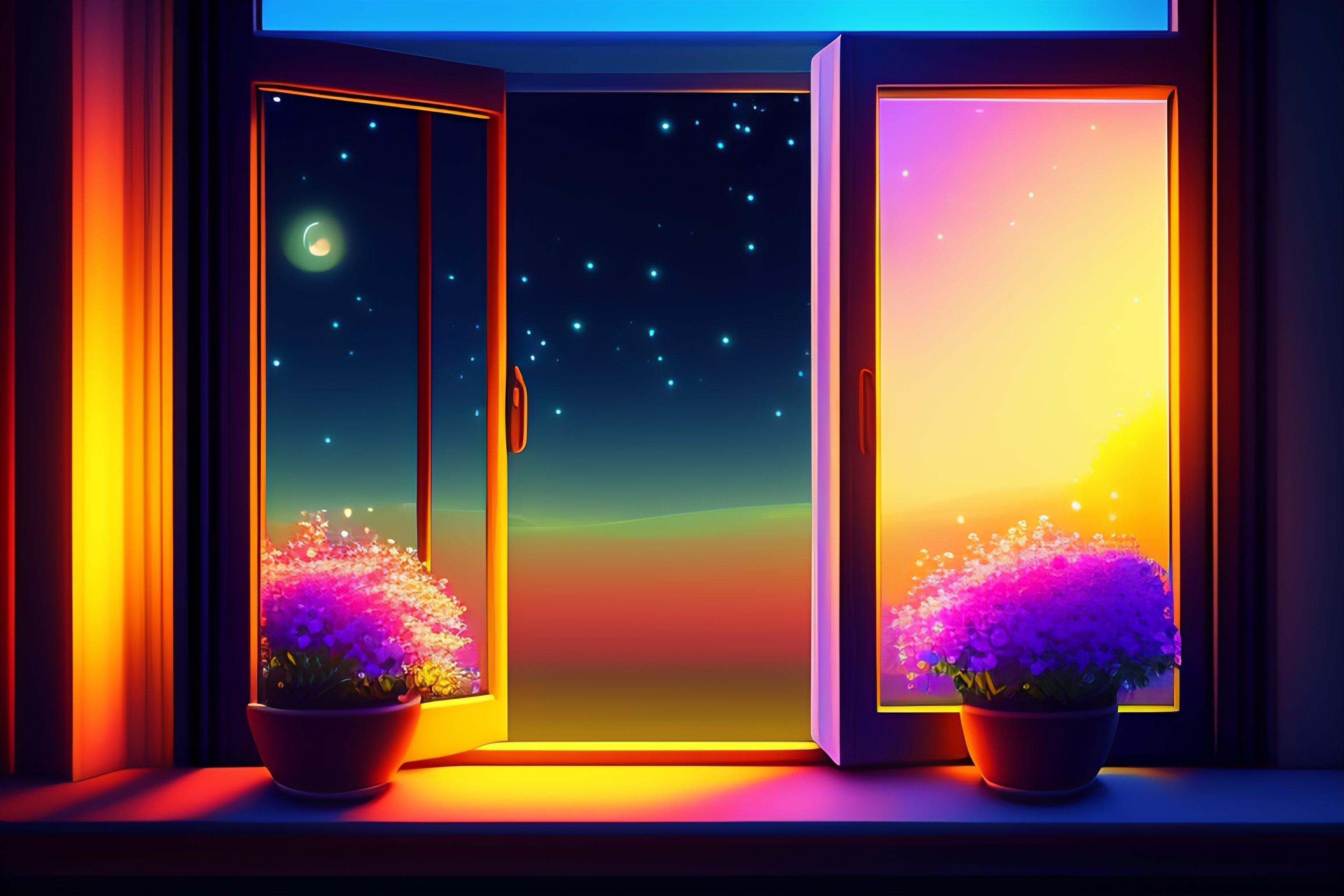 Lexica A digital art of Lofi view frim window spring at night on