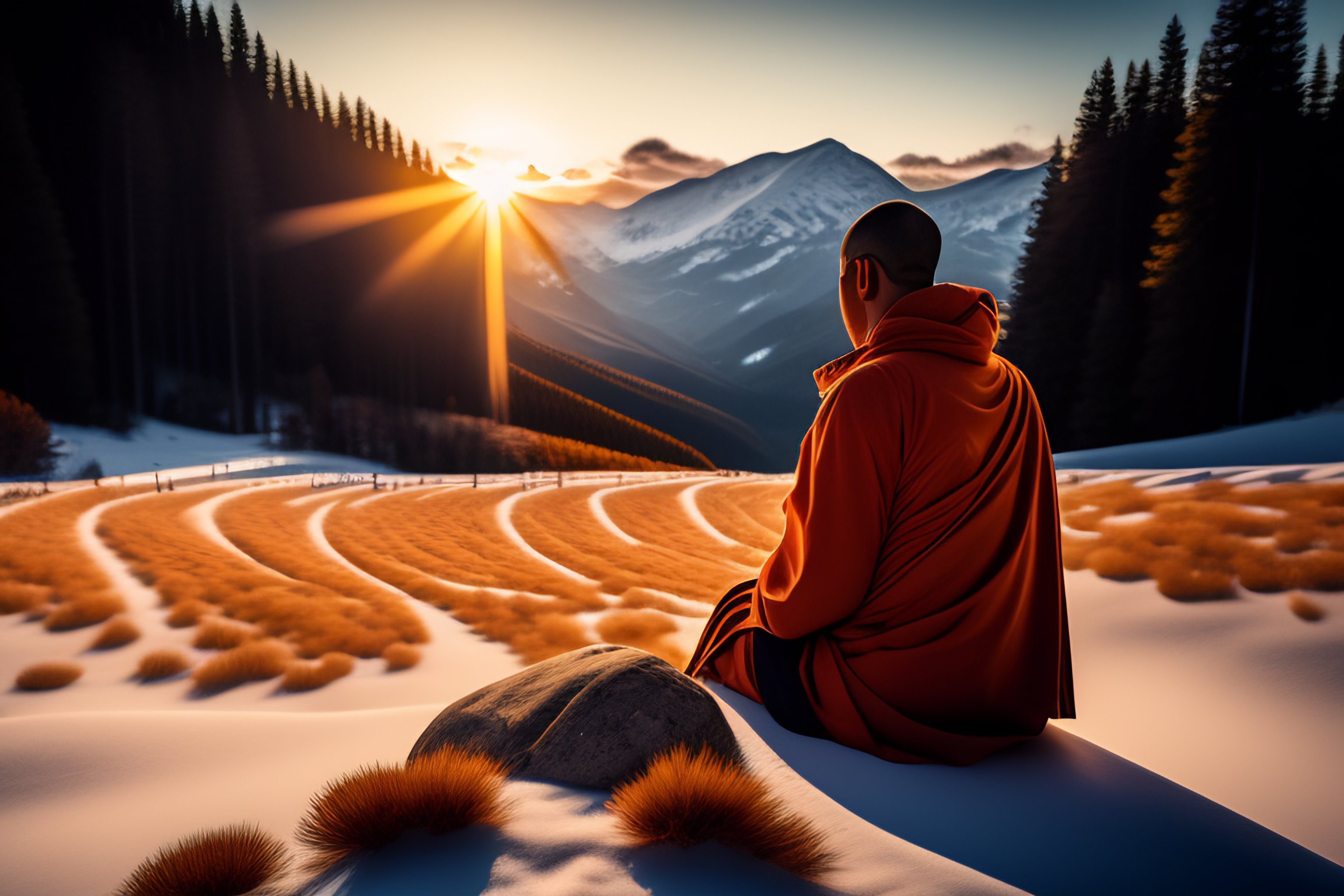 Lexica - Monk meditation, sun, mountatins