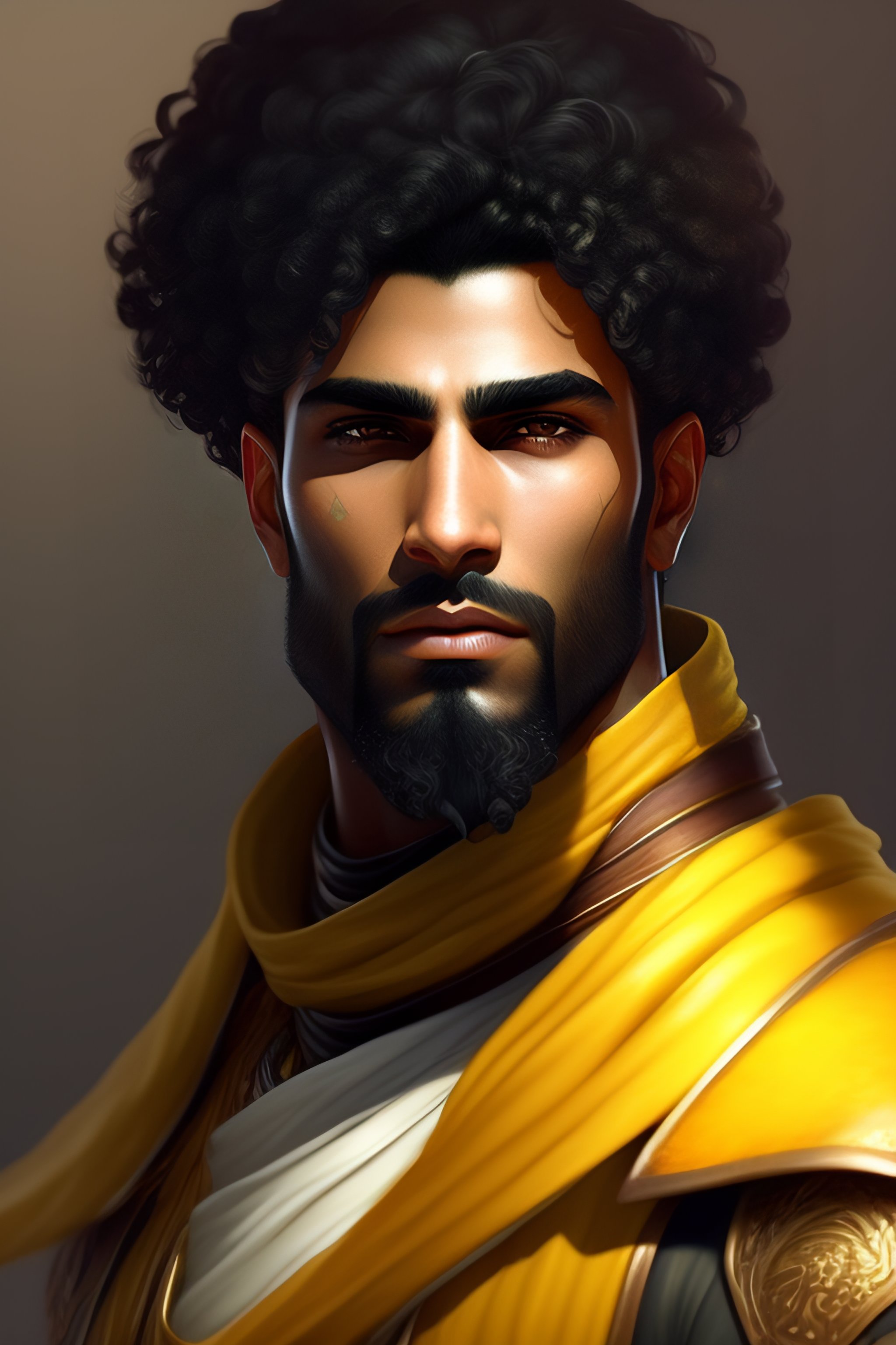 Lexica - Arab man light beard, curly hair, swordsman, modern, hero, leather  , yellow and charcoal, character concept art, costume design, trending on...