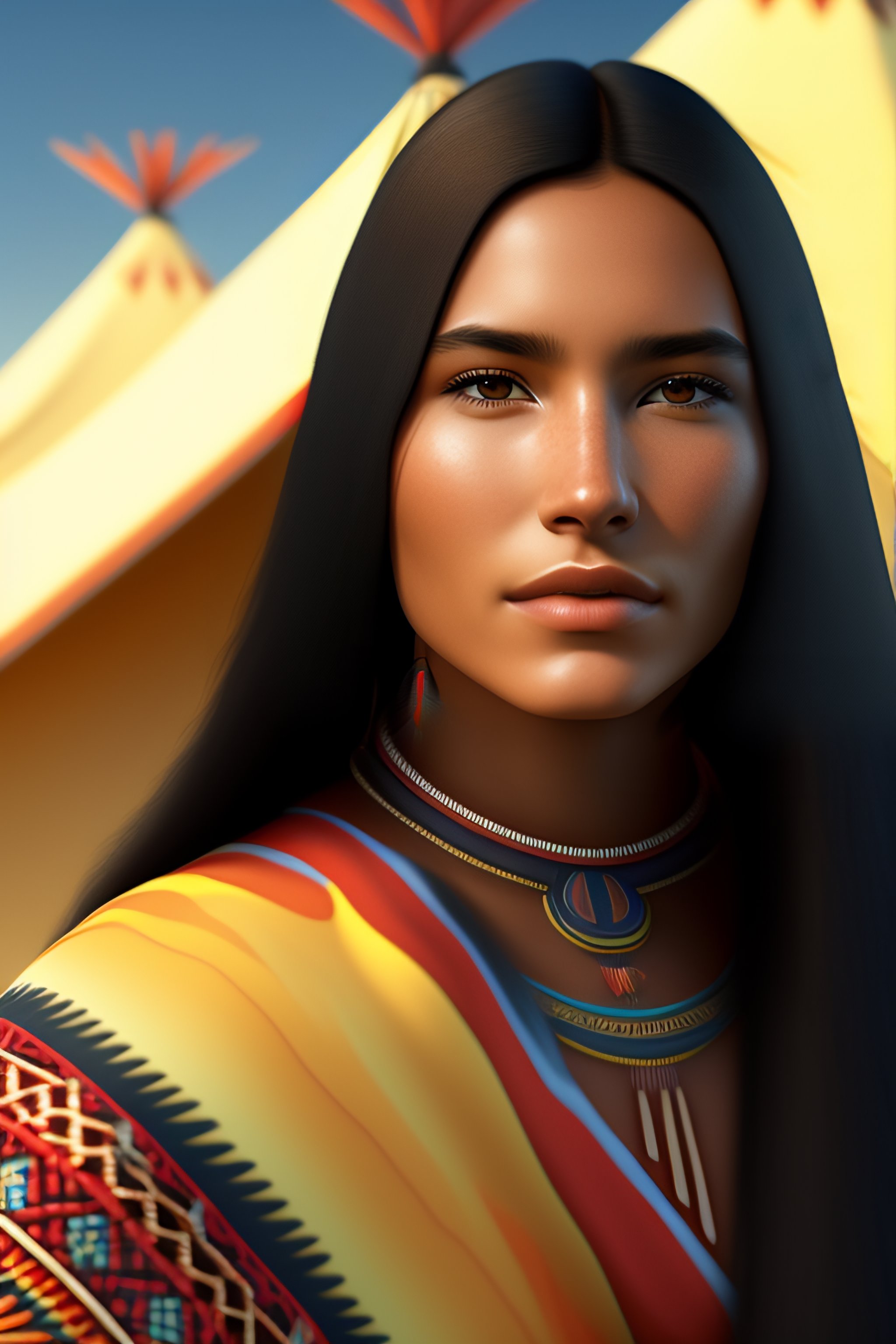 Lexica Native American Young Woman Portrait In 3d Digital Art With Tents In The Background 0667