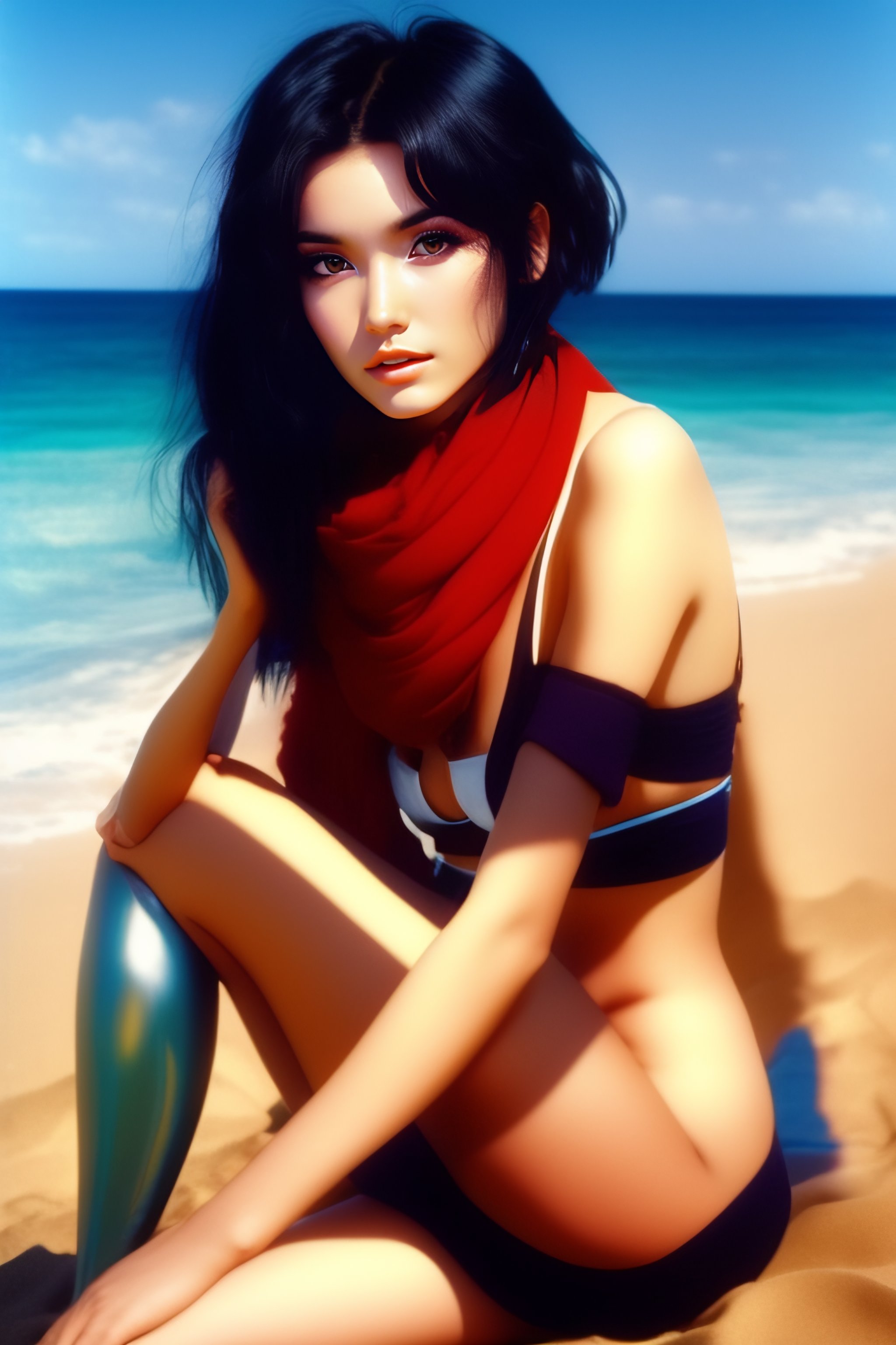 Lexica - 90s anime vintage cute 21 year old fit shy mikasa Ackerman with  shiny dark eyes from attack on titan at beach sitting down on the sand.  Lon