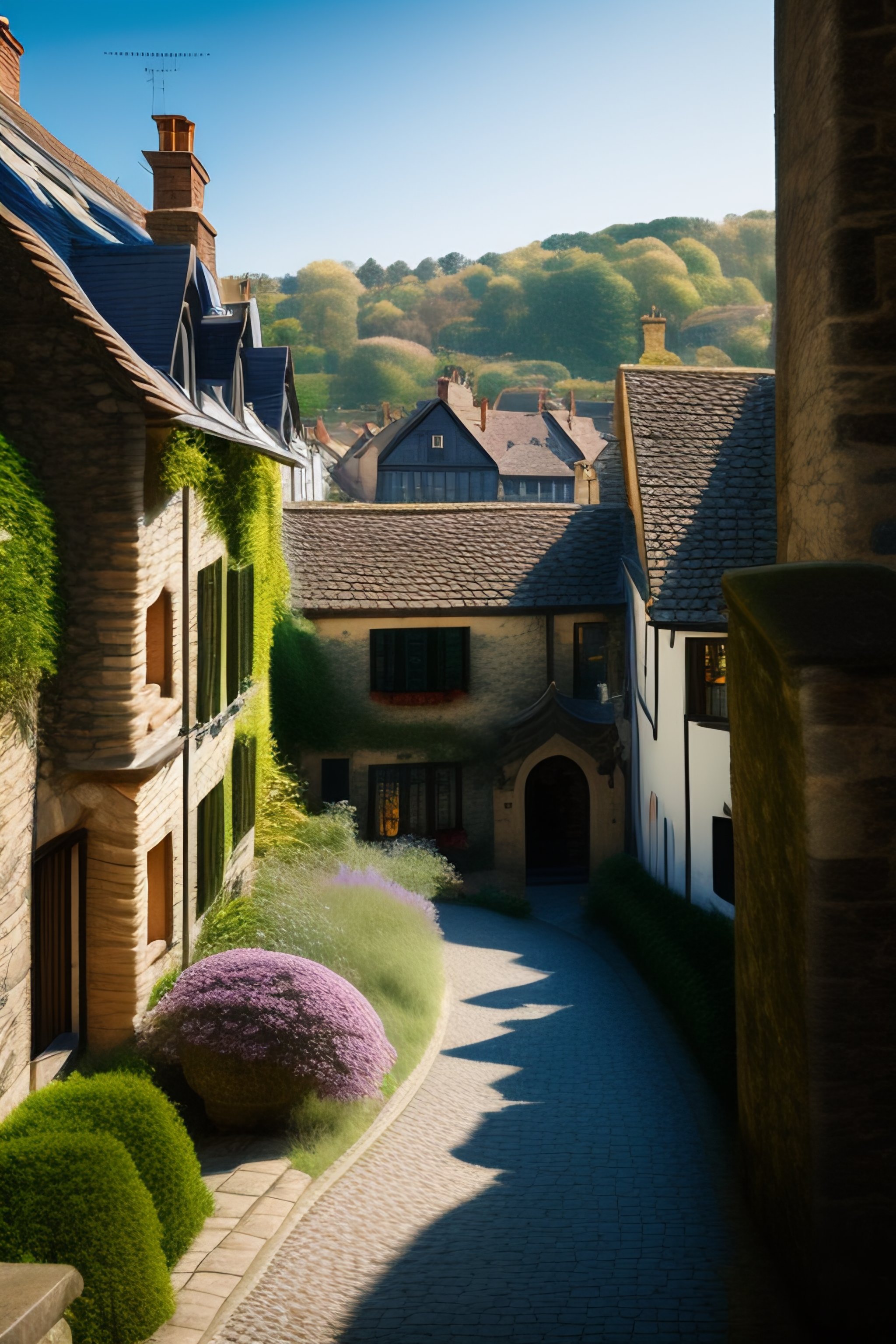 Lexica - An esplanade surrounded by stone houses with big windows