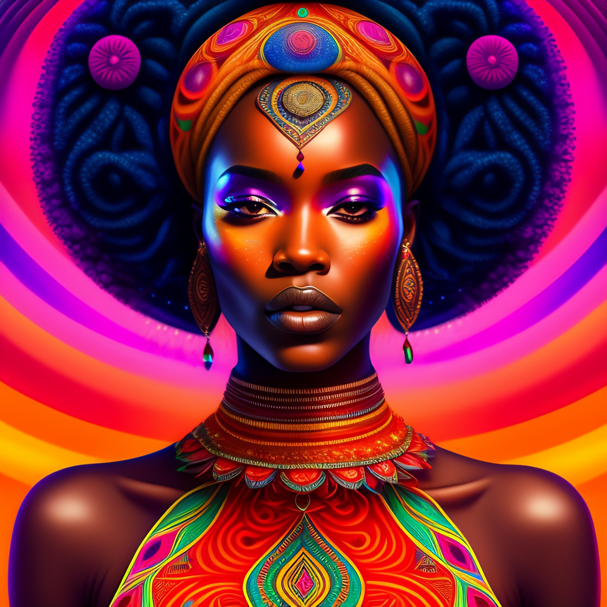 Lexica Psychedelic Portrait Of A Beautiful African Woman Wearing A Colorful Dress Lsd Face 2995