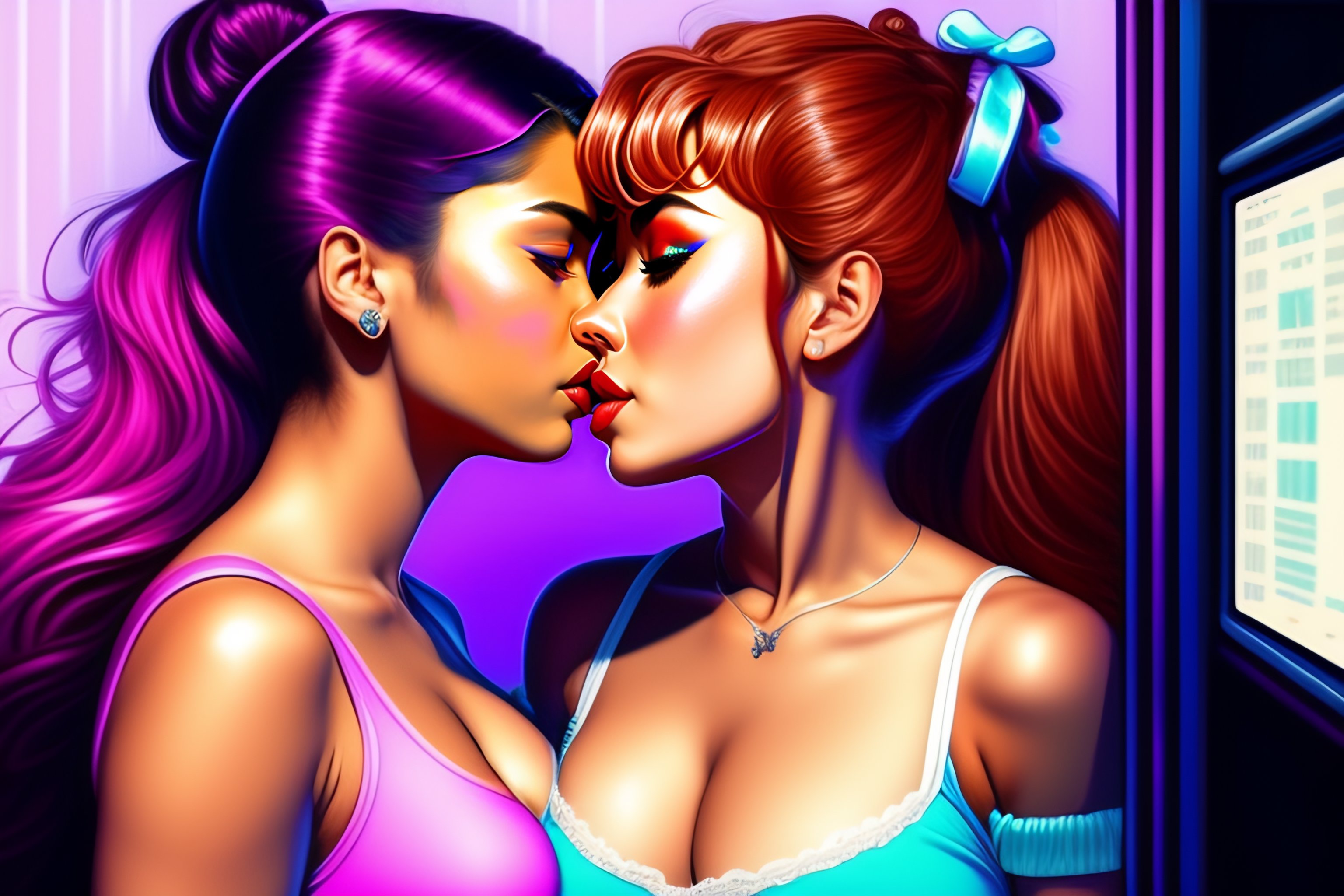 Lexica - Full body Ariana Grande kissing Selena Gomez with a cute  expression in a piece of micro pink under wear in a bedroom, hyper detailed  painti...