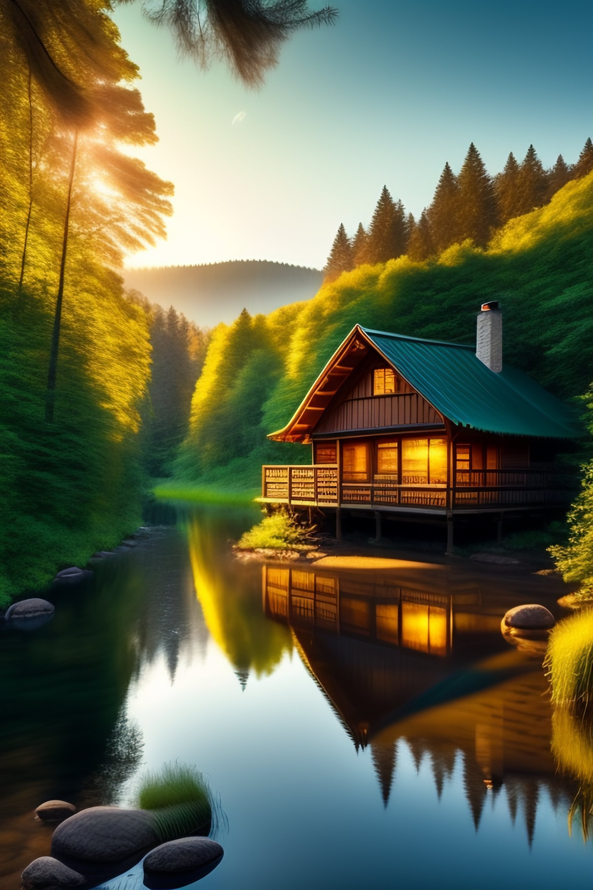 Lexica - A cozy wooden cabin sits at the edge of a peaceful river ...