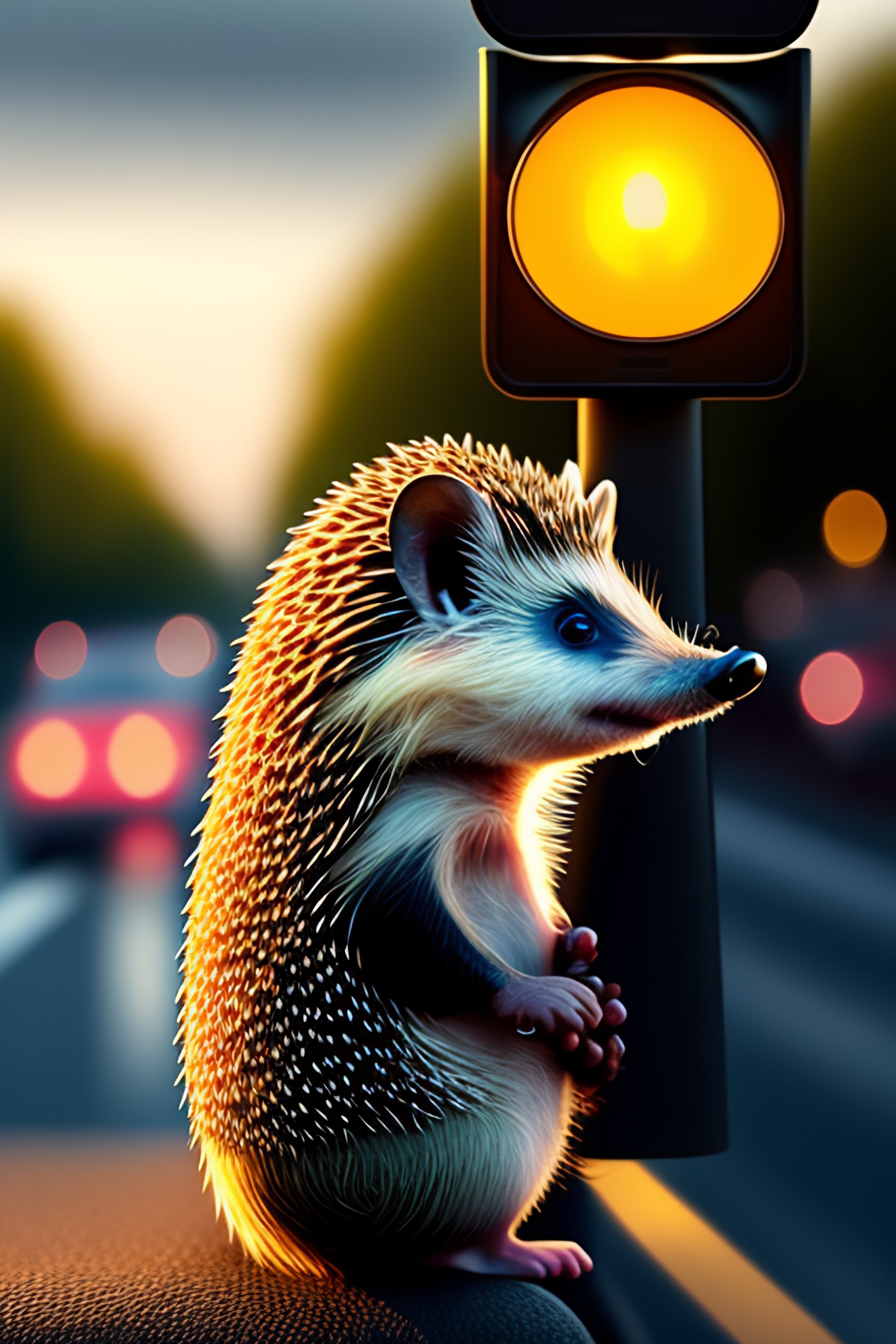Lexica - A hedgehog waits at a set of traffic lights, Hedgehog is ...