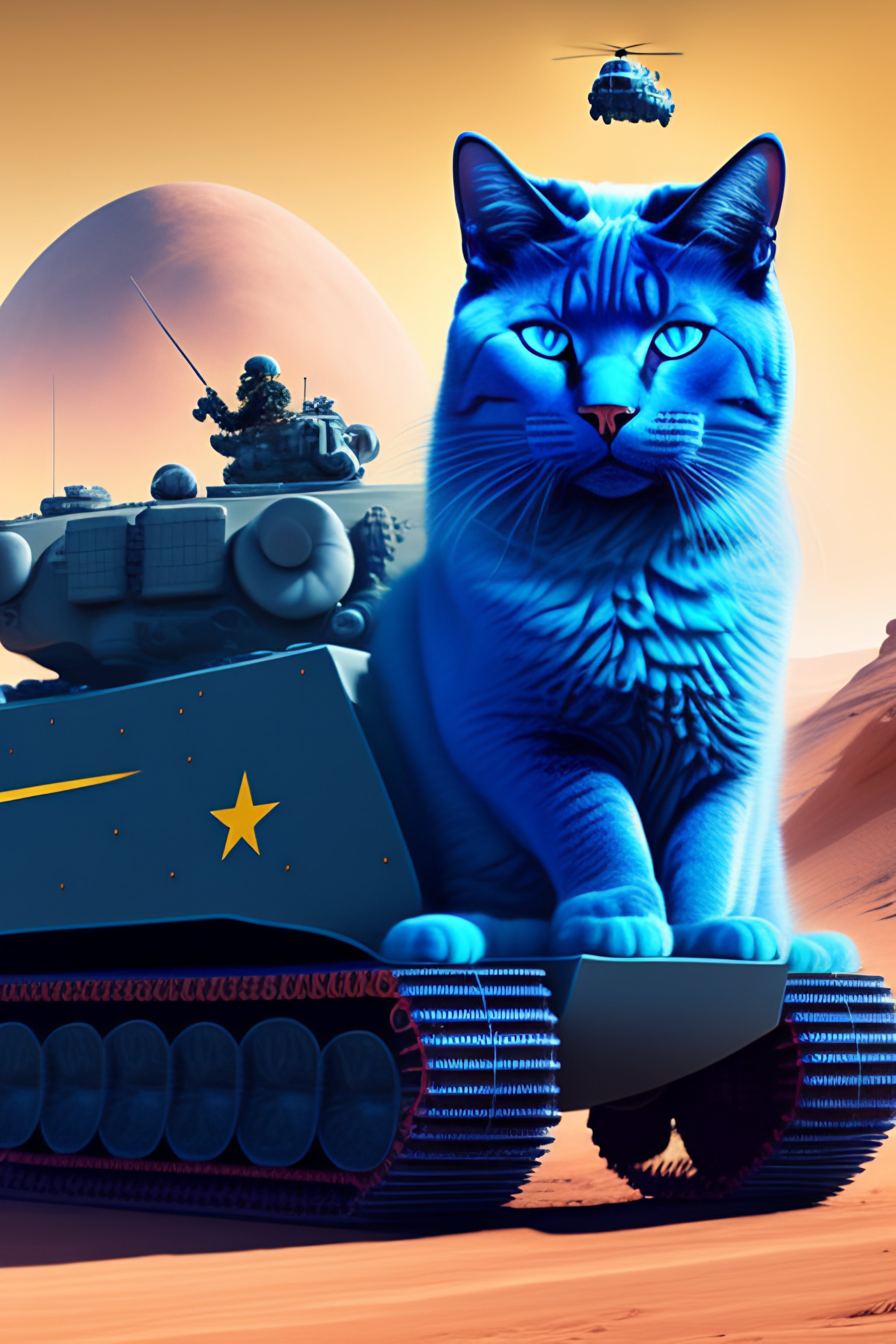 Lexica - A blue giant cat driving an helicopter in front of a ...