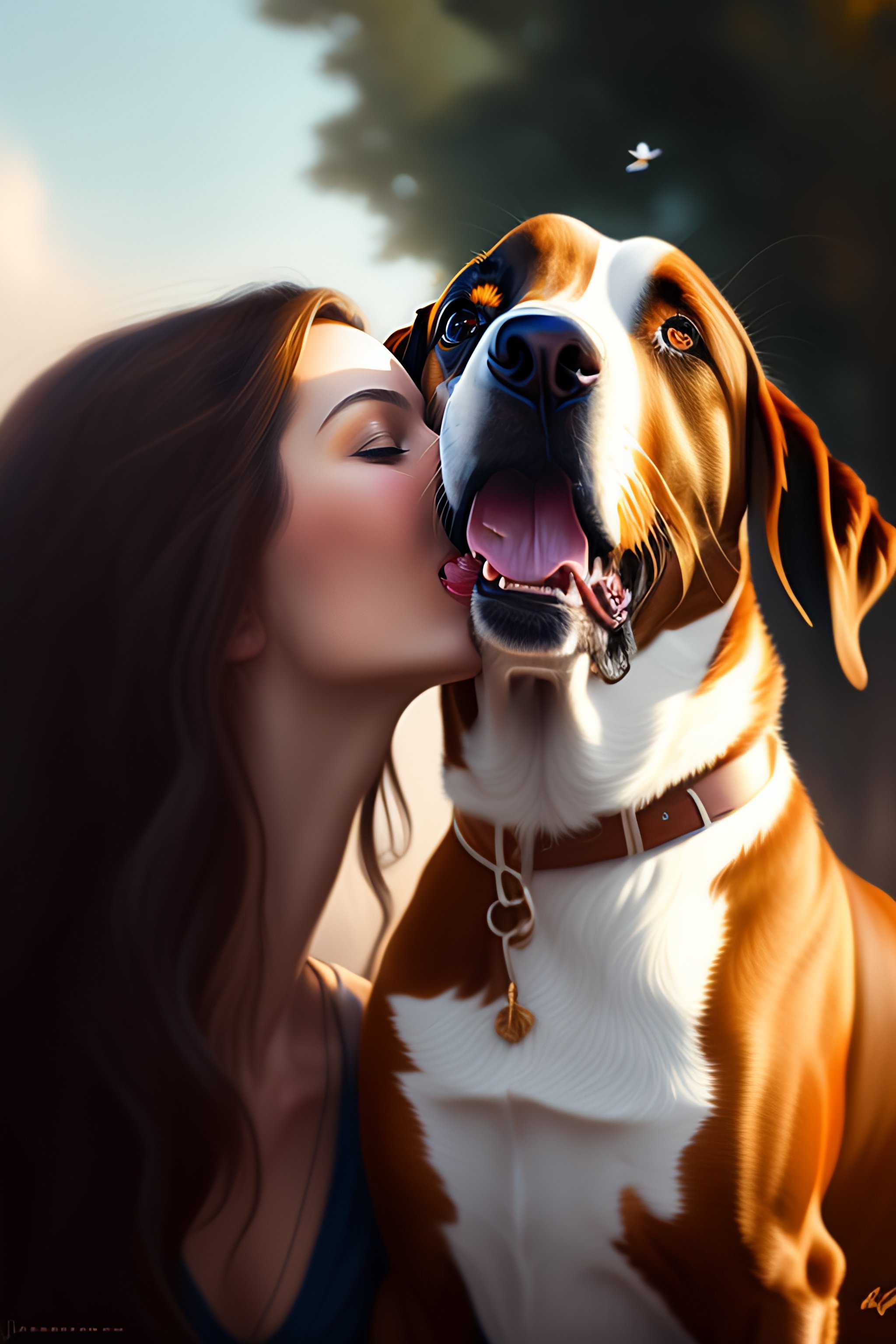 Lexica - A detailed picture of a dog licking a cute calm girl, touch