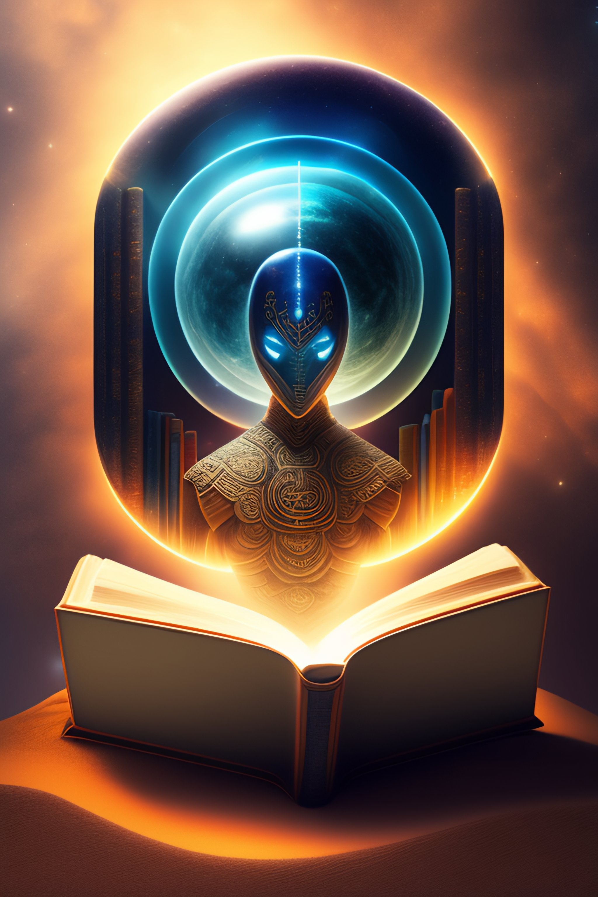 Lexica - A superintelligent alien with a book, the book is coated in ...