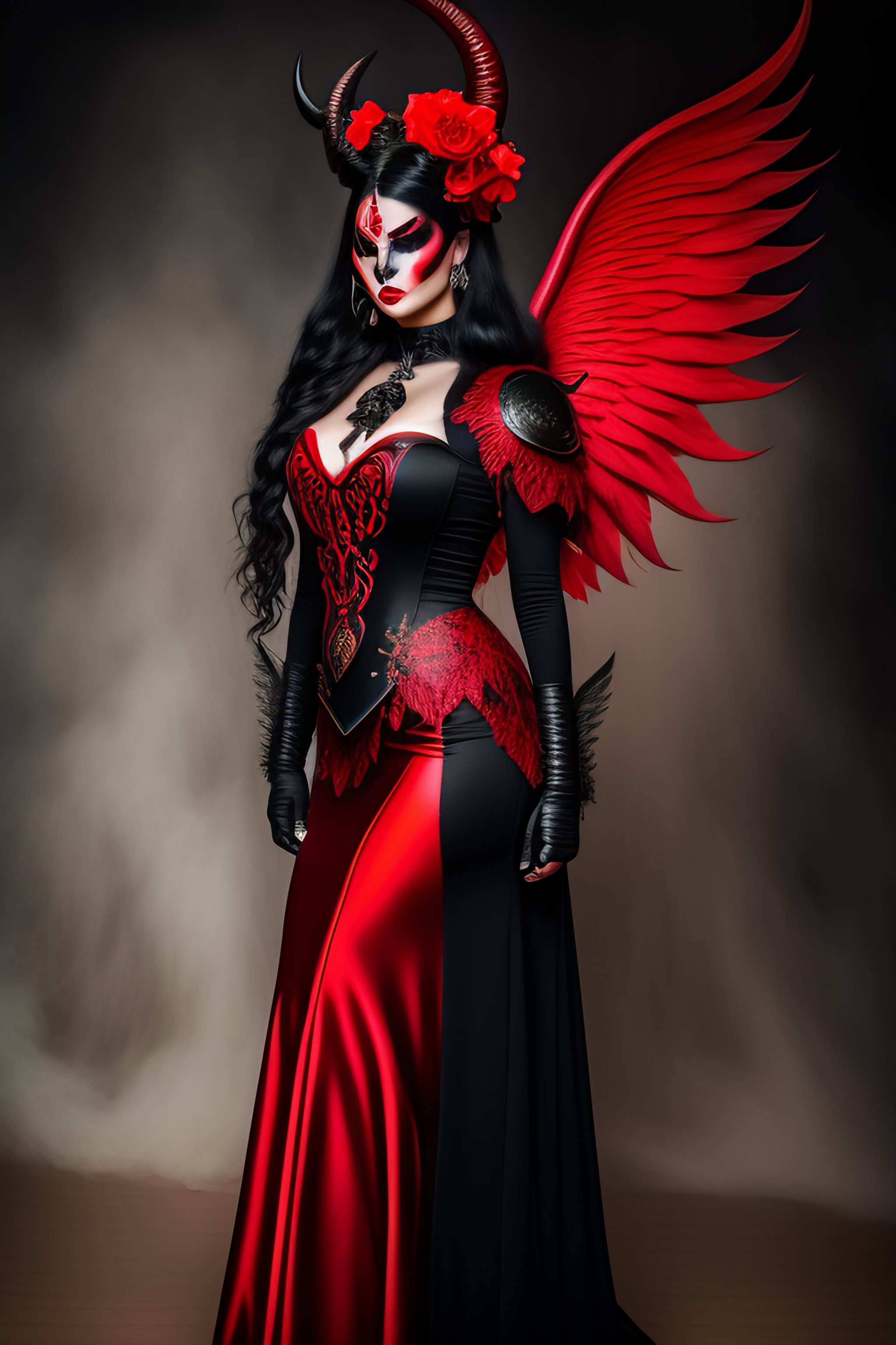 Lexica - Black Metal Girl, devil Makeup, fire power in hands, realistic  detailed, beautiful gorgeous, red art nouveau dress, proportional body,  Nikon...