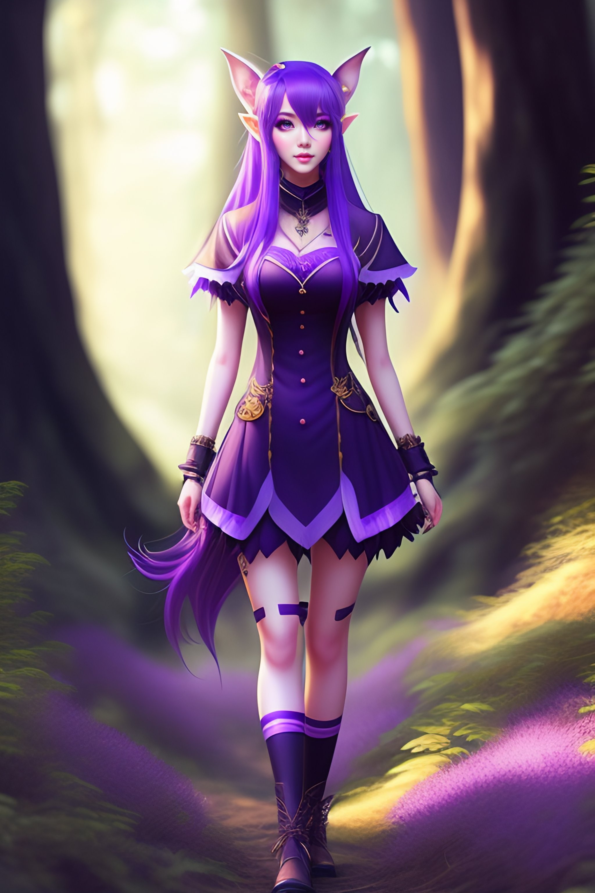 Lexica Full Body 20 Year Old Girl Anime Forest Elf Purple Hair Black Dress