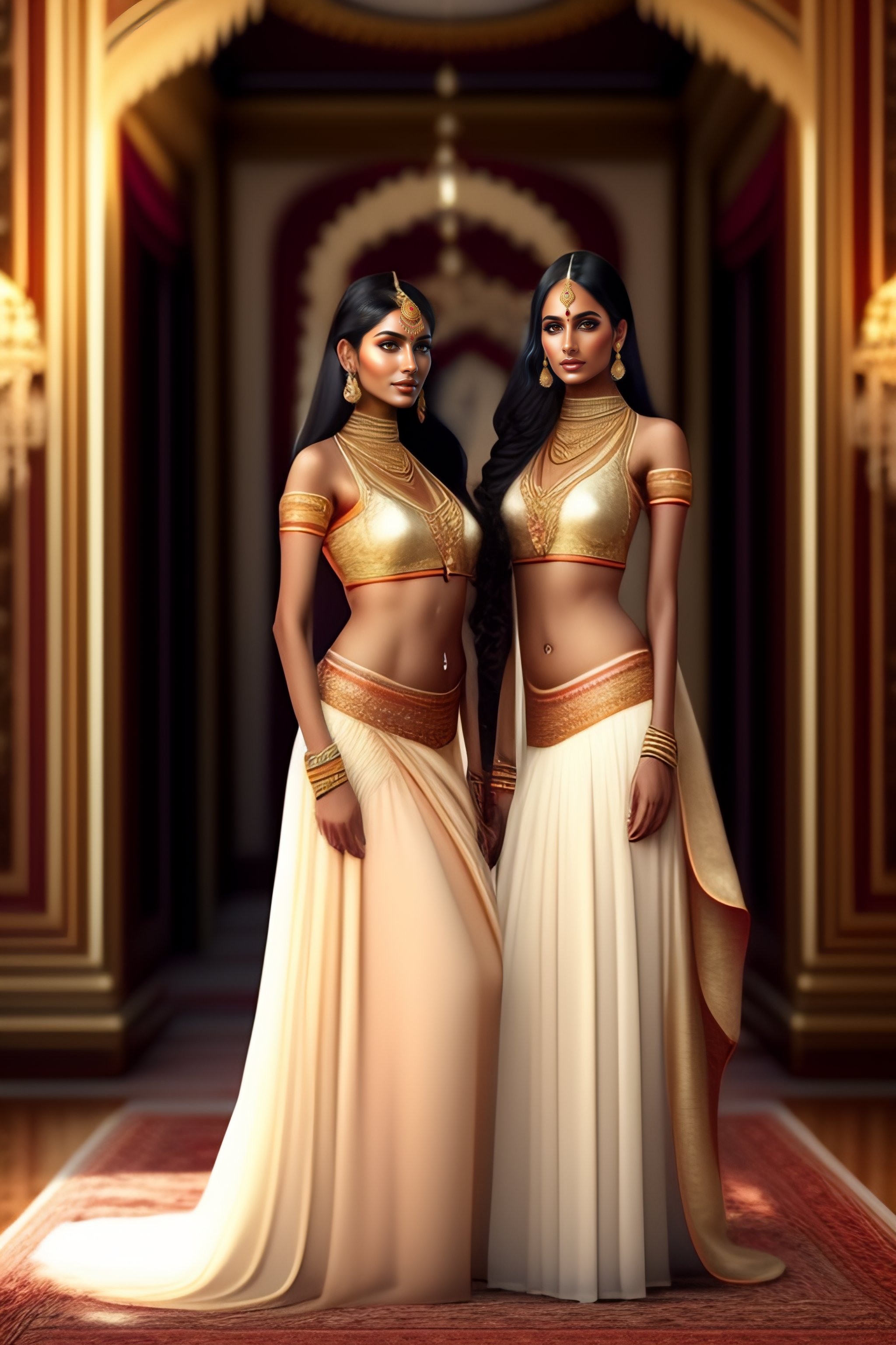 Lexica - A group of beautiful indian princesses smiling standing in a  palace bedroom, group of women, gorgeous, low waist skirt, tiny bra, tiny  skir