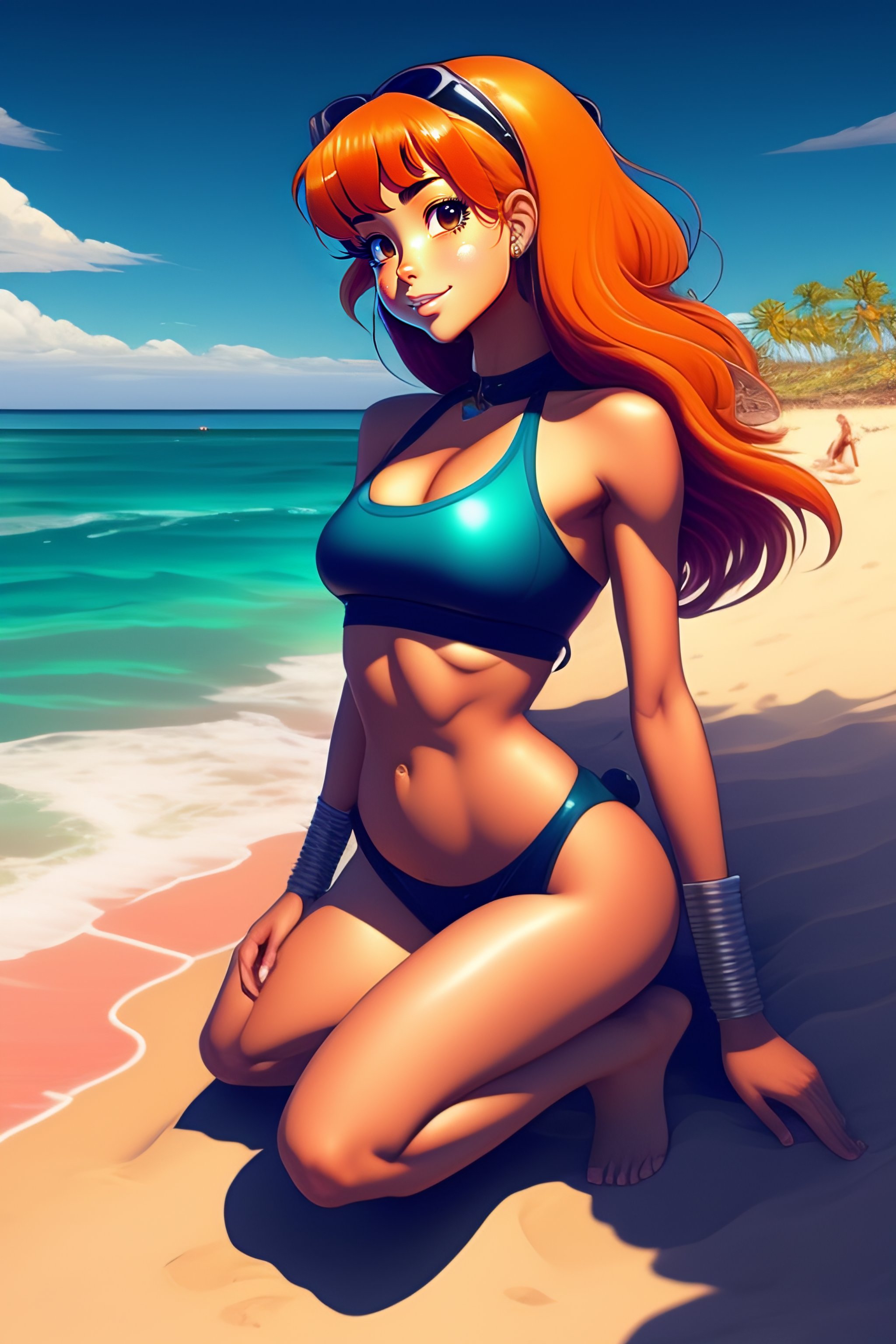 Lexica - Full body Ariana Grande smiling Girl with a micro piece of bikini  sitting in a beach, hyper detailed painting, style of laurie greasley,  stu...