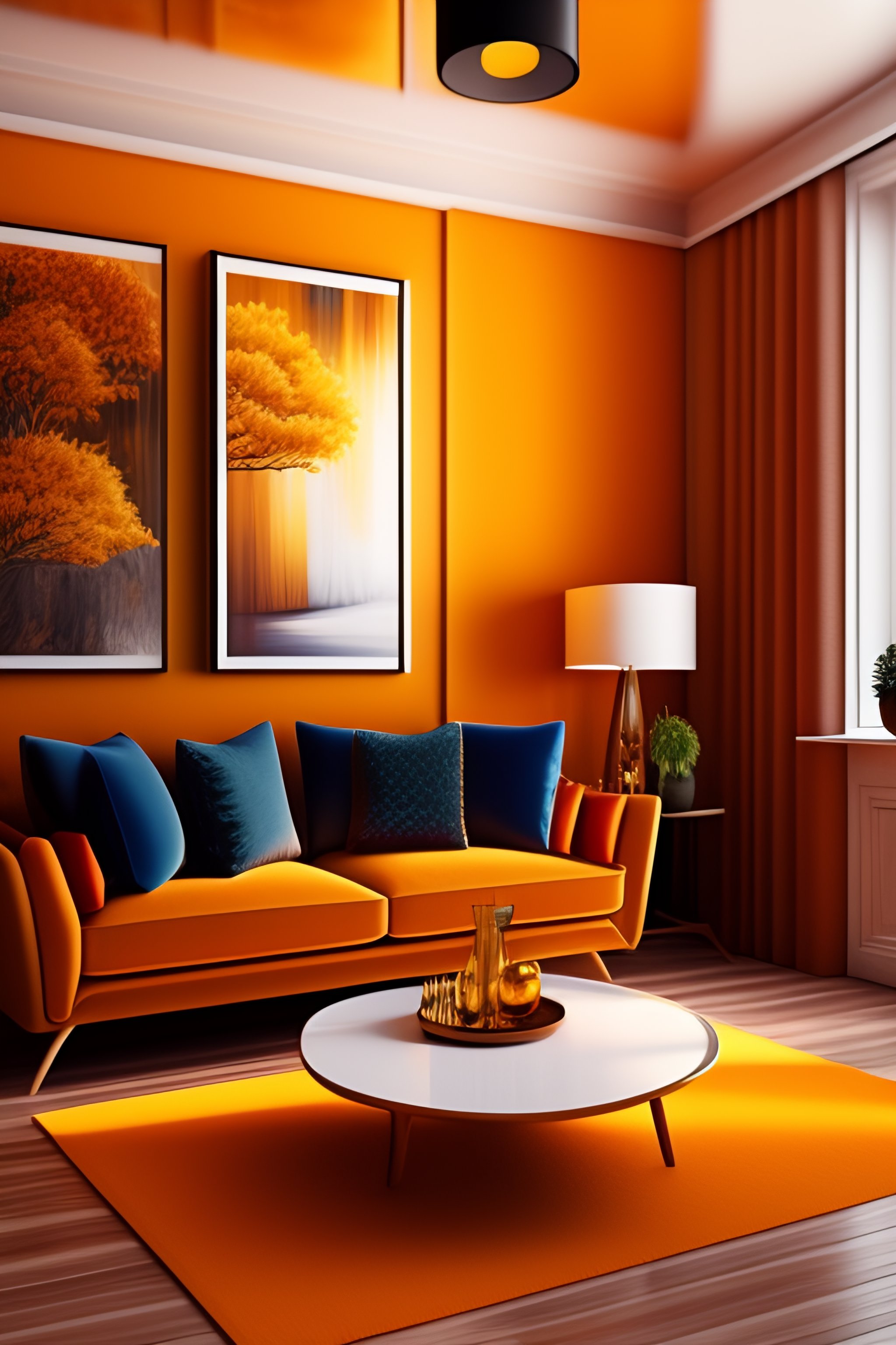 Lexica Interior design of a beautiful cozy living room, vivid colors, yellow and orange color