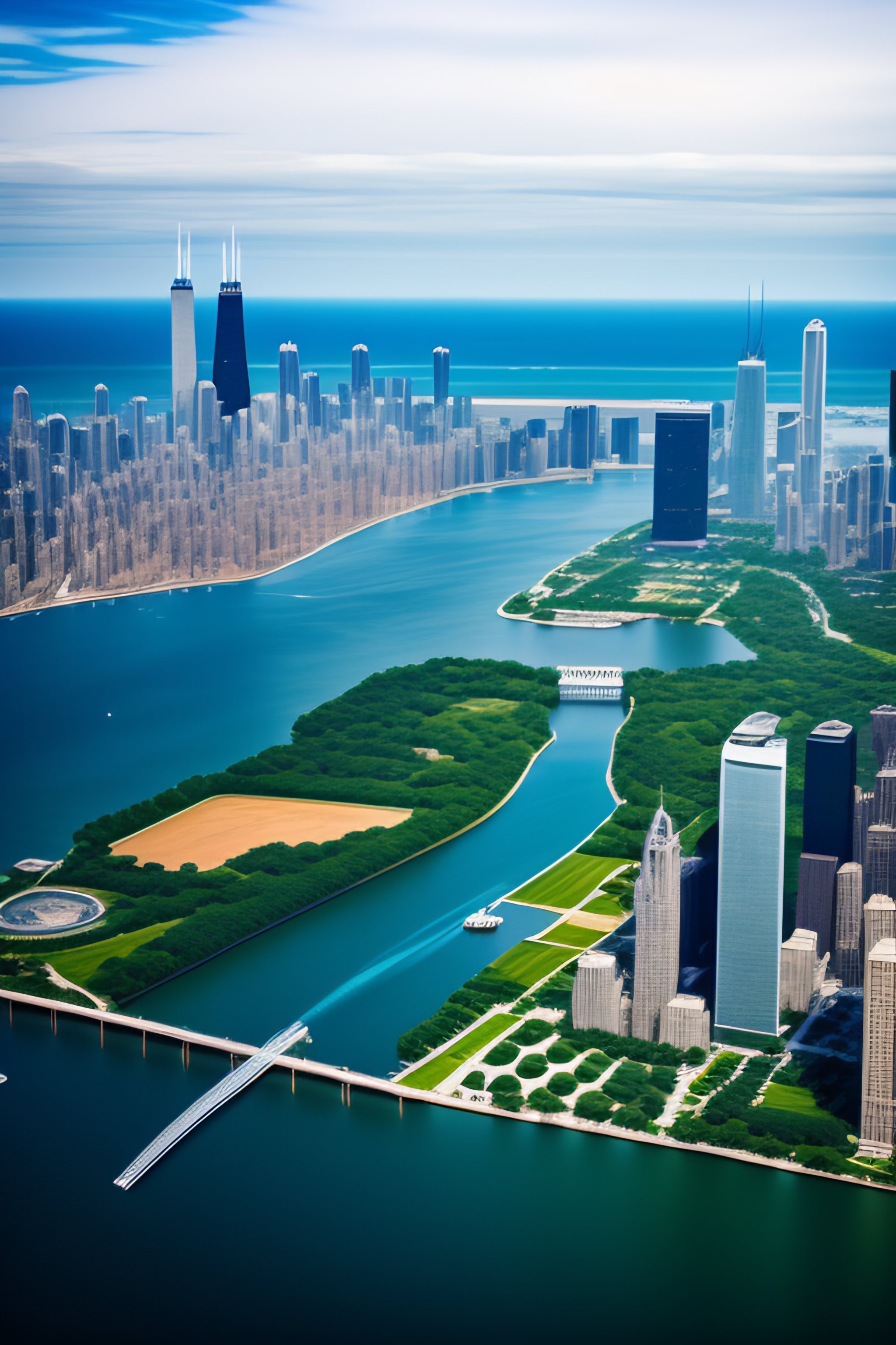 Lexica Bird's eye view of chicago skyline archipelago famous bridges