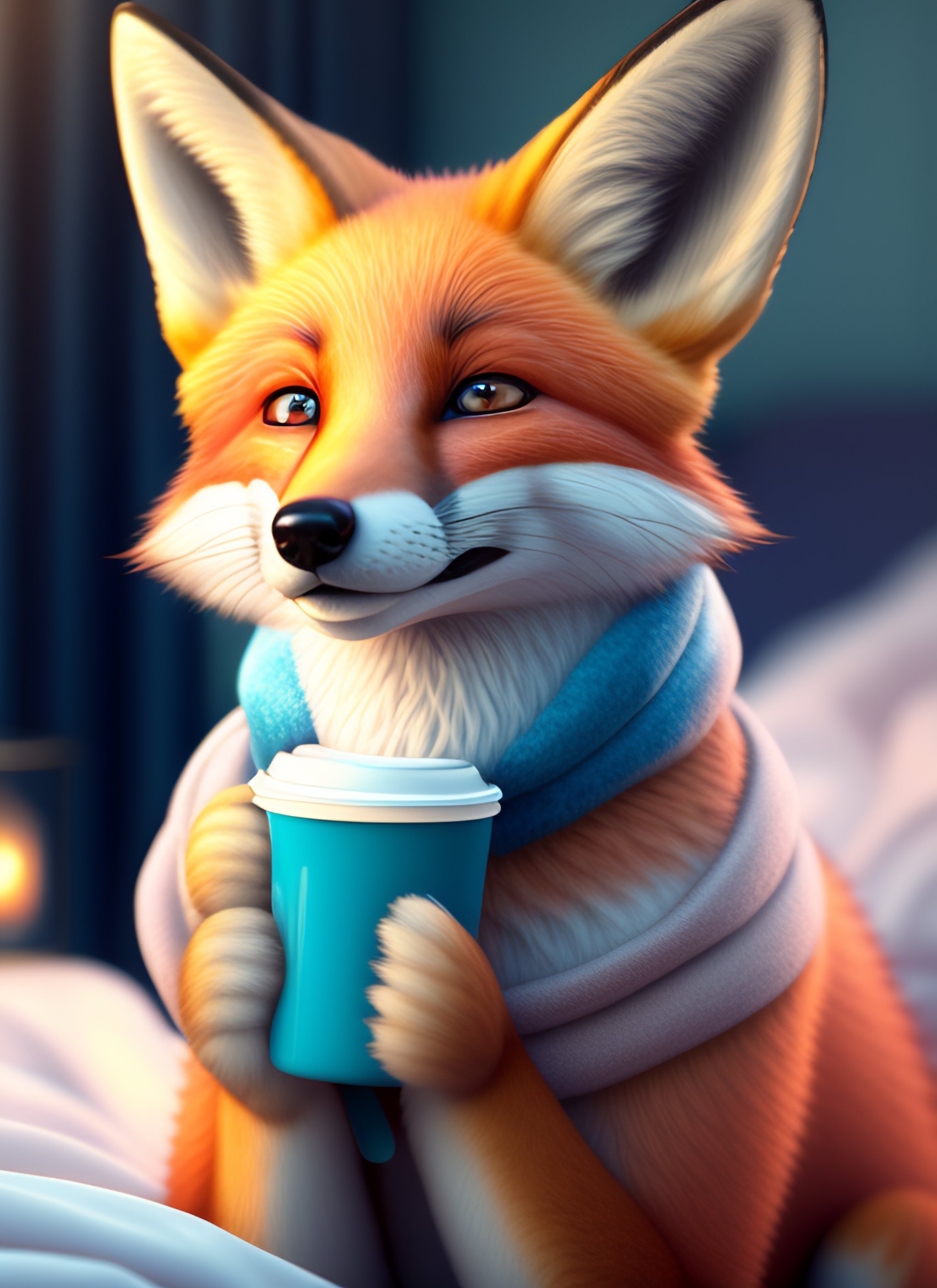 Lexica - A gorgeous light pink female fox anthro furry holding a blue  coffee mug and smiling, sitting on a bed, wearing sleeping clothes,  beautiful f