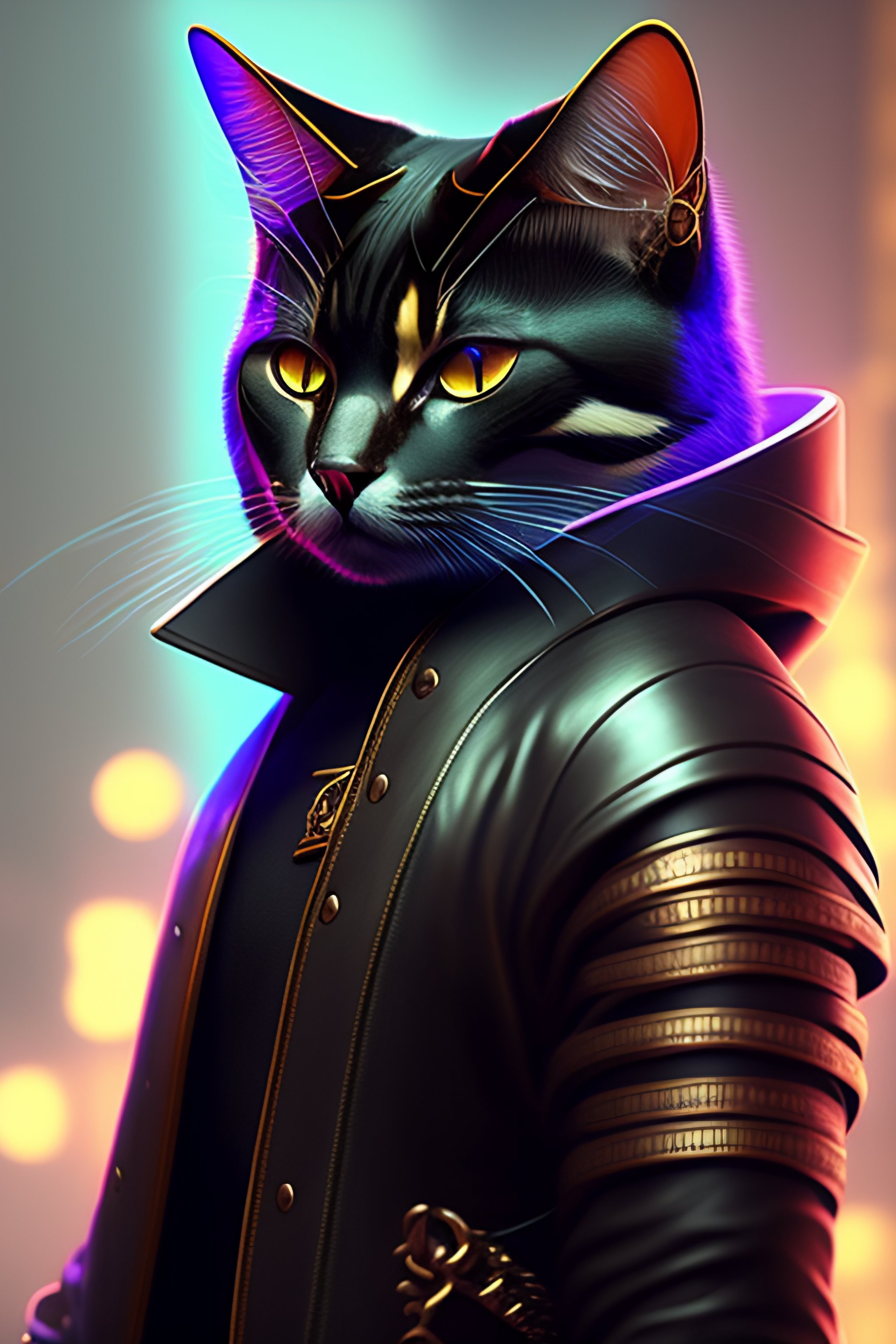 Lexica - Cyberpunk cat with a katana, wearing leather clothing