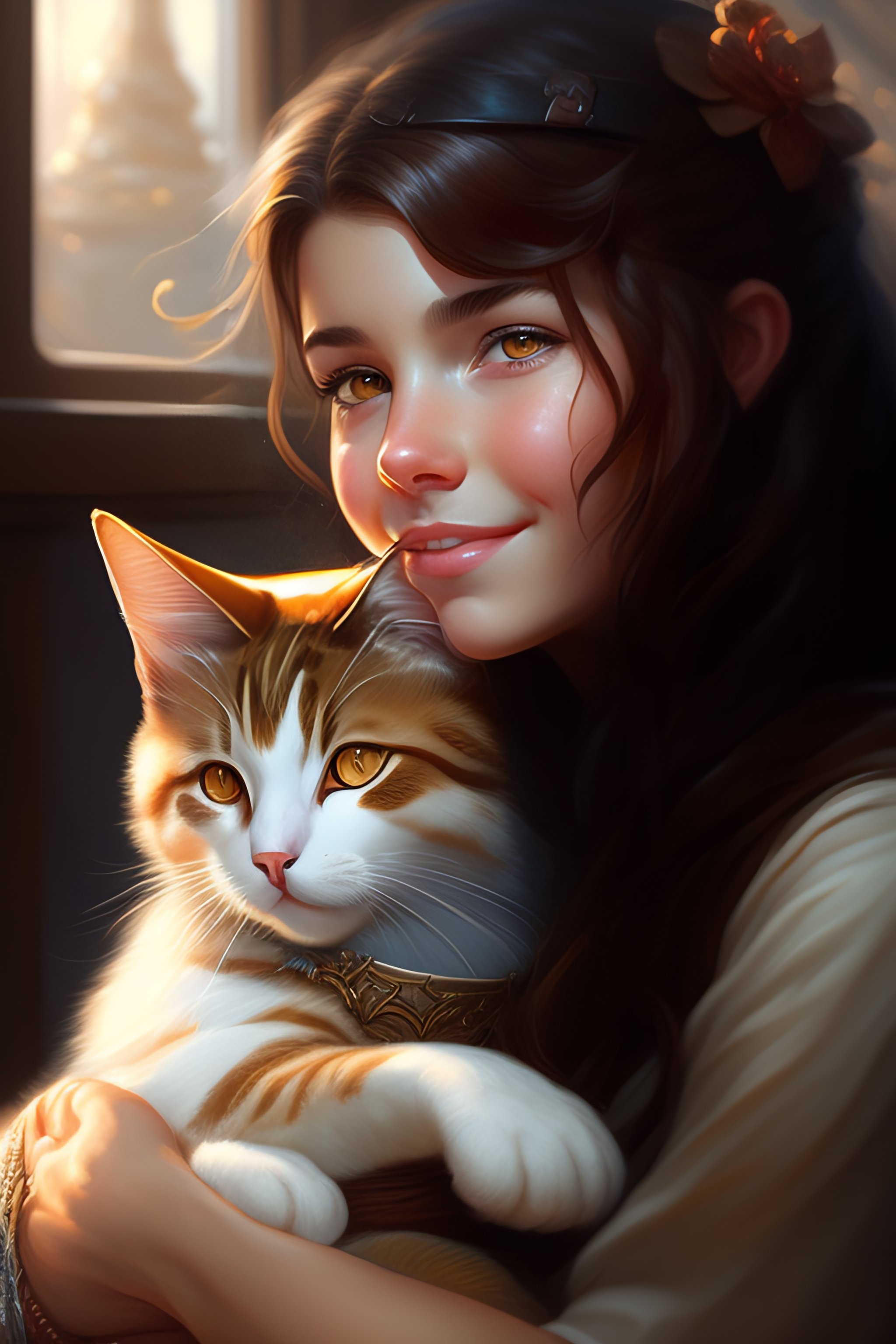Lexica - A detailed portrait of a cute calm brunette girl hugging a ...