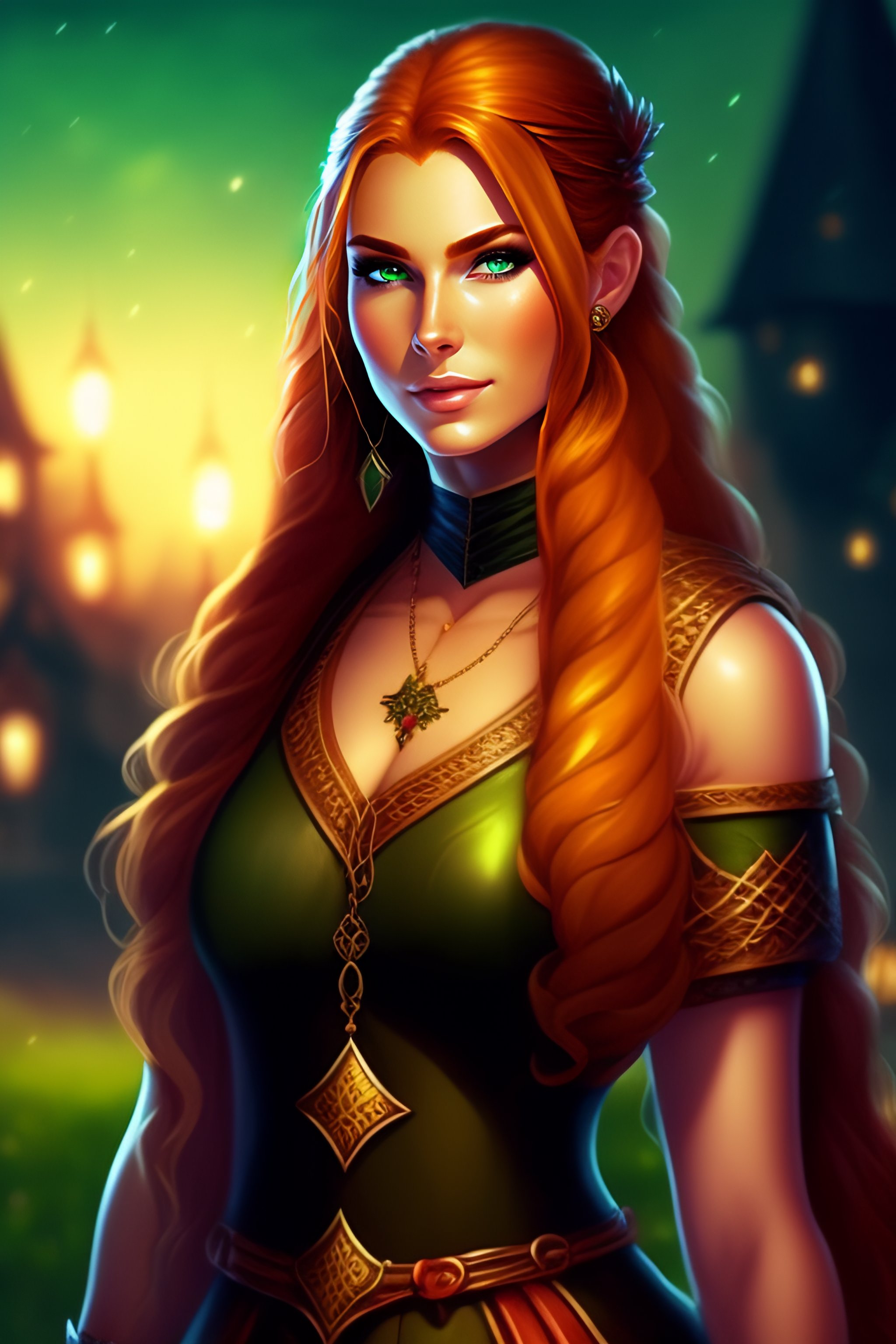 Lexica - Long ginger hair, tanned man in female medieval outfit, green ...