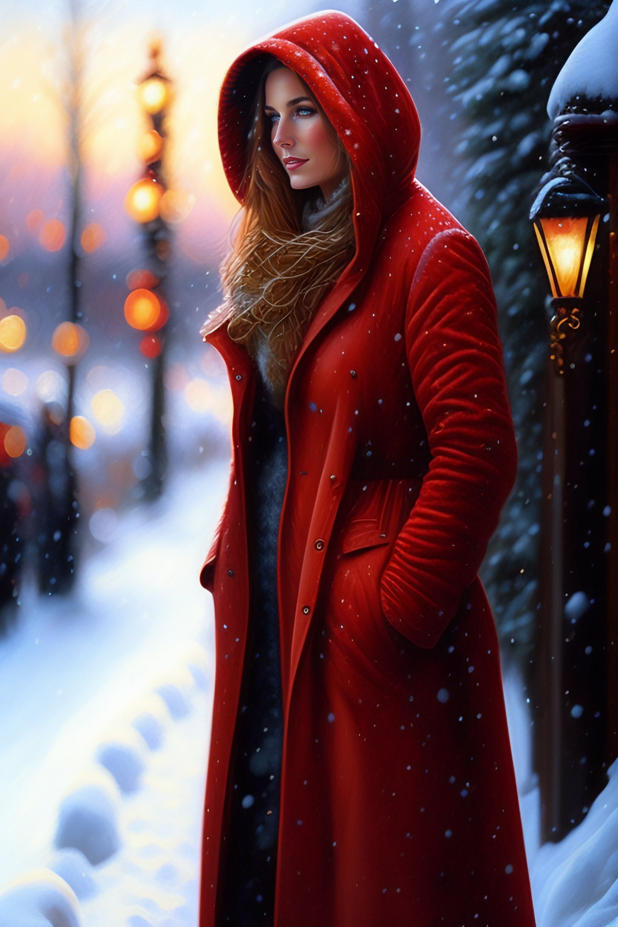 snow falling at night girl