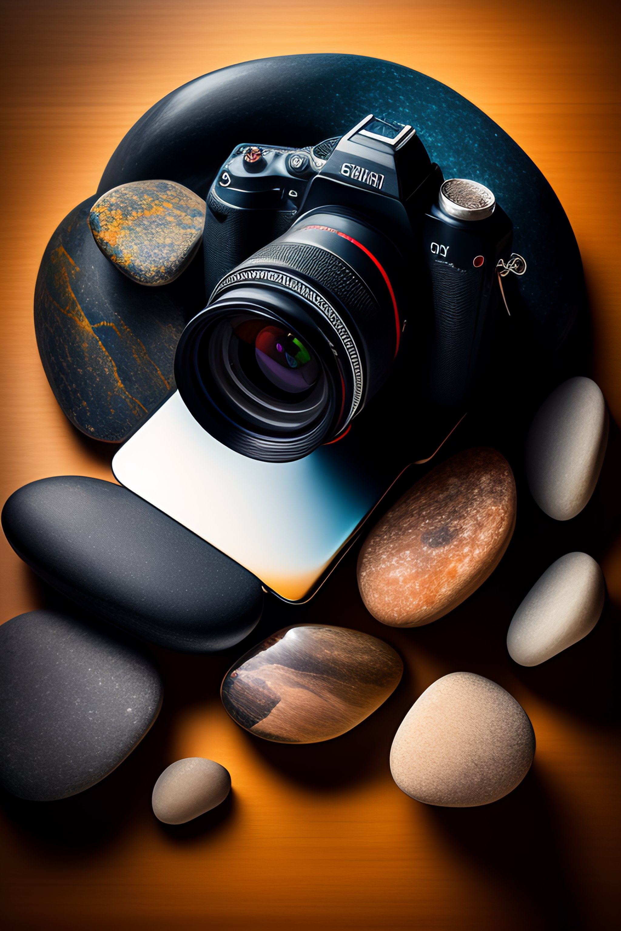 Lexica - Camera on floor, top view, backround of rocks, photo