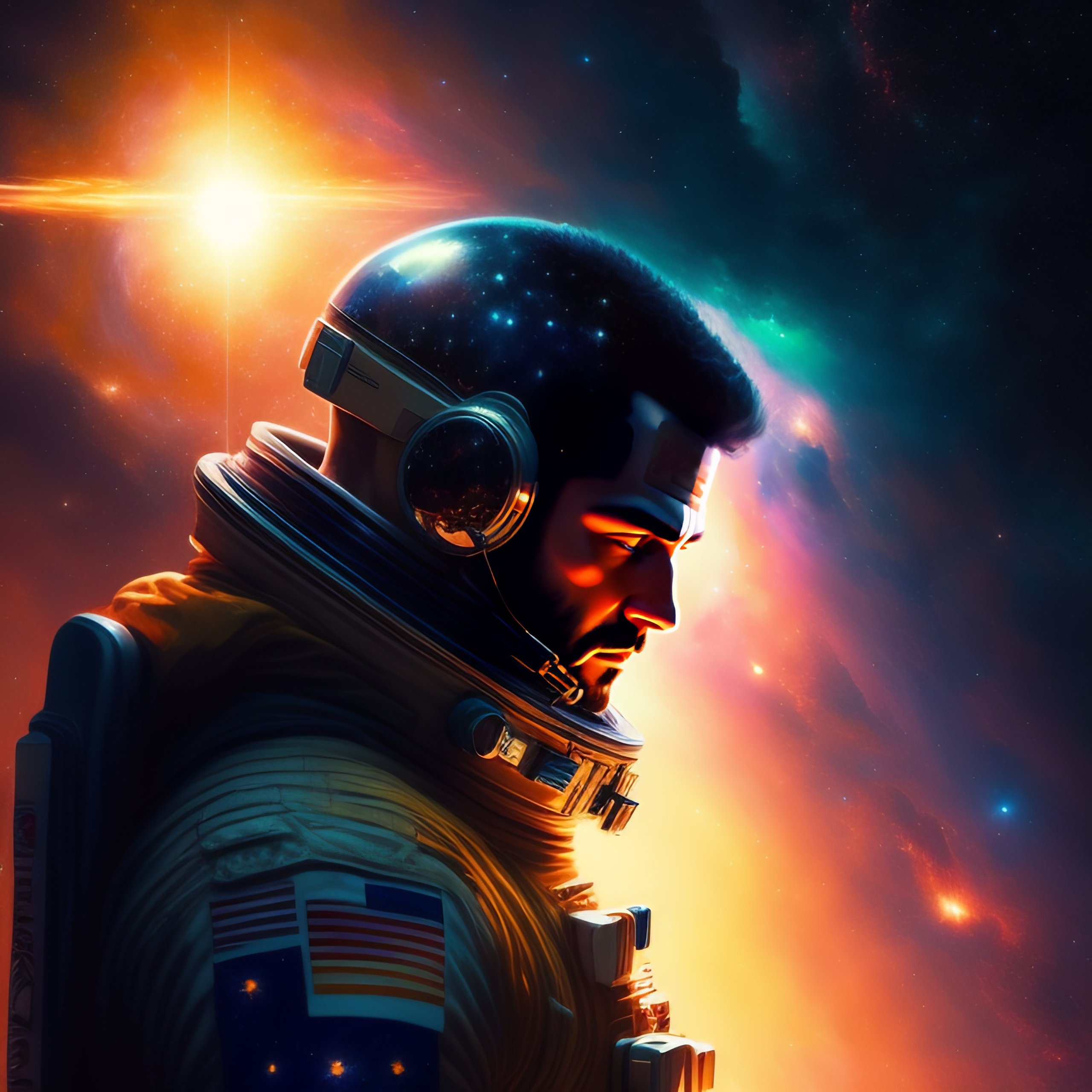 Lexica Bulgarian man astronaut lost in deep space, surrounded by