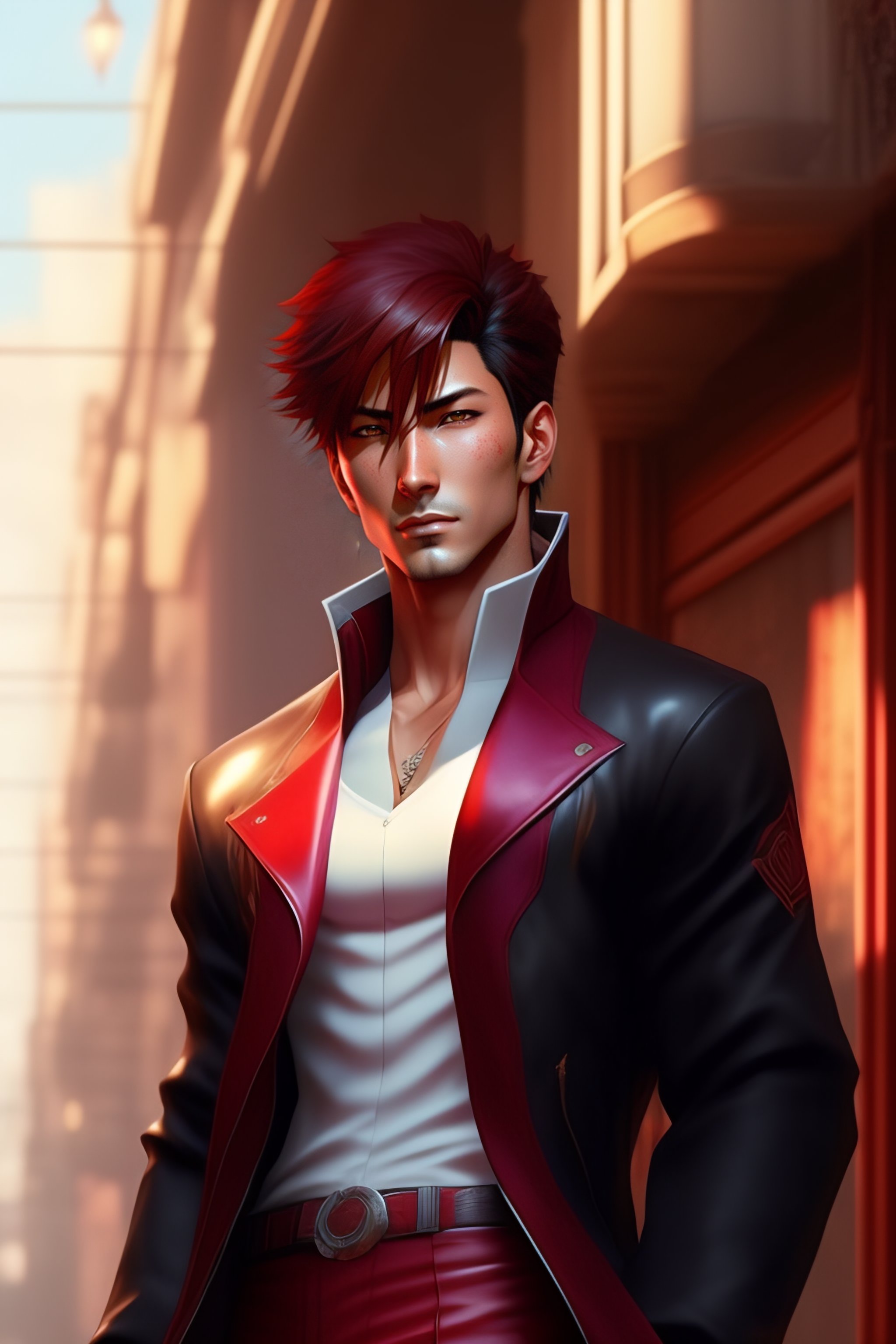 Lexica - Harmony of red abandoned city, cute handsome iori yagami