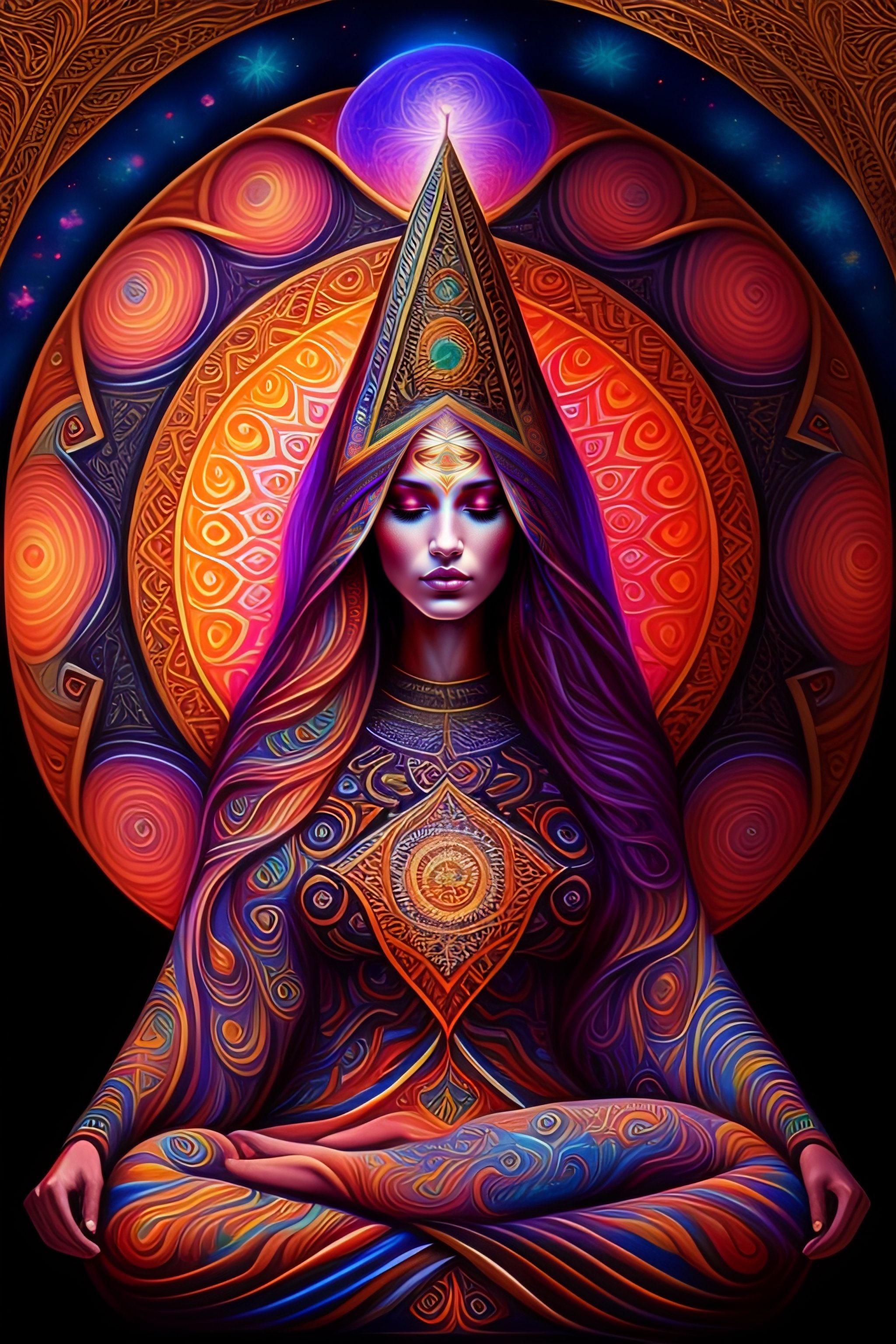 Lexica - Magic mushroom ,occult witch meditating,dress,alex grey